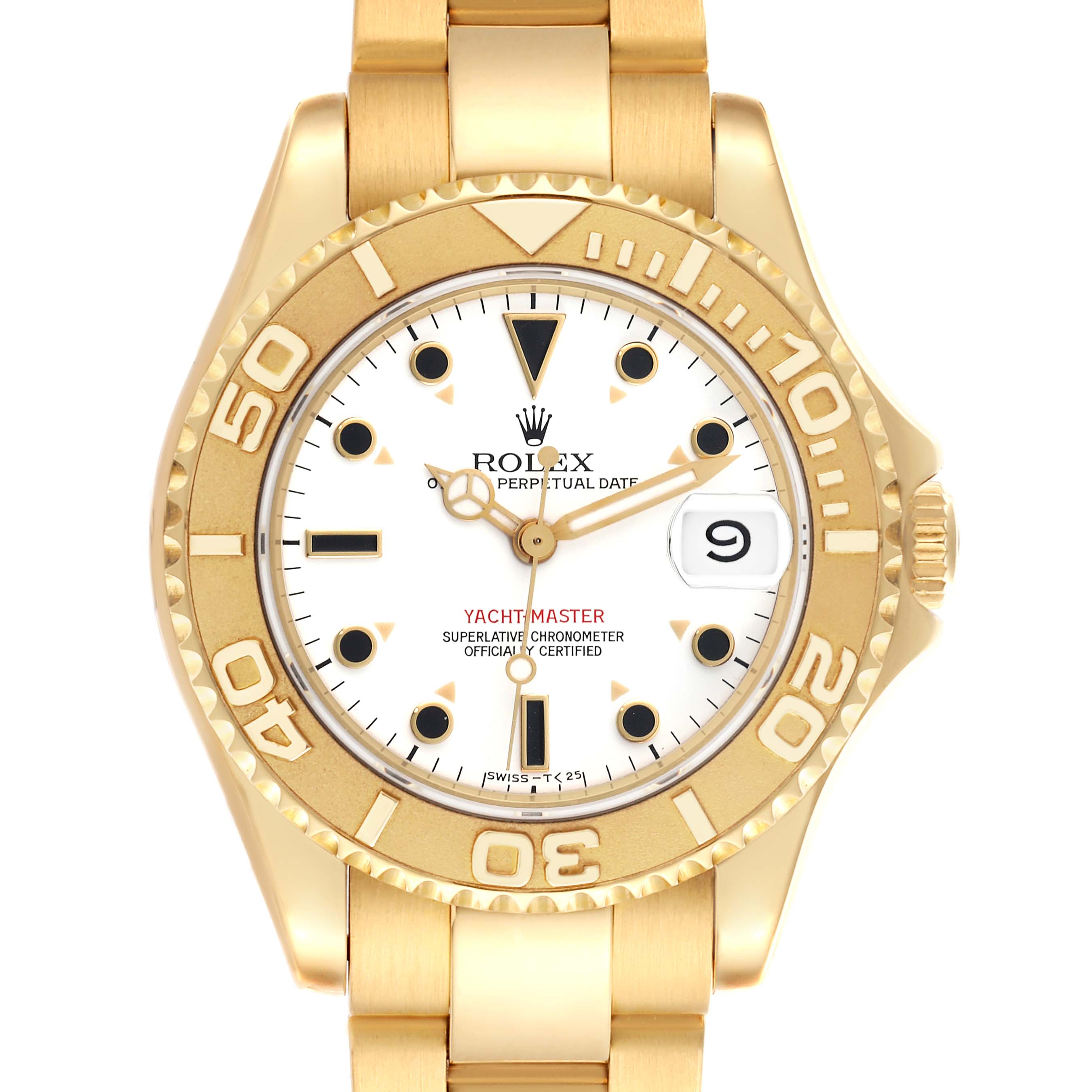 The Rolex Yacht-Master 68628 Men's Yellow Gold White Dial 68628 Men's Yellow Gold White Dial watch is shown from a top-down angle, displaying the face, bezel, and part of the bracelet.