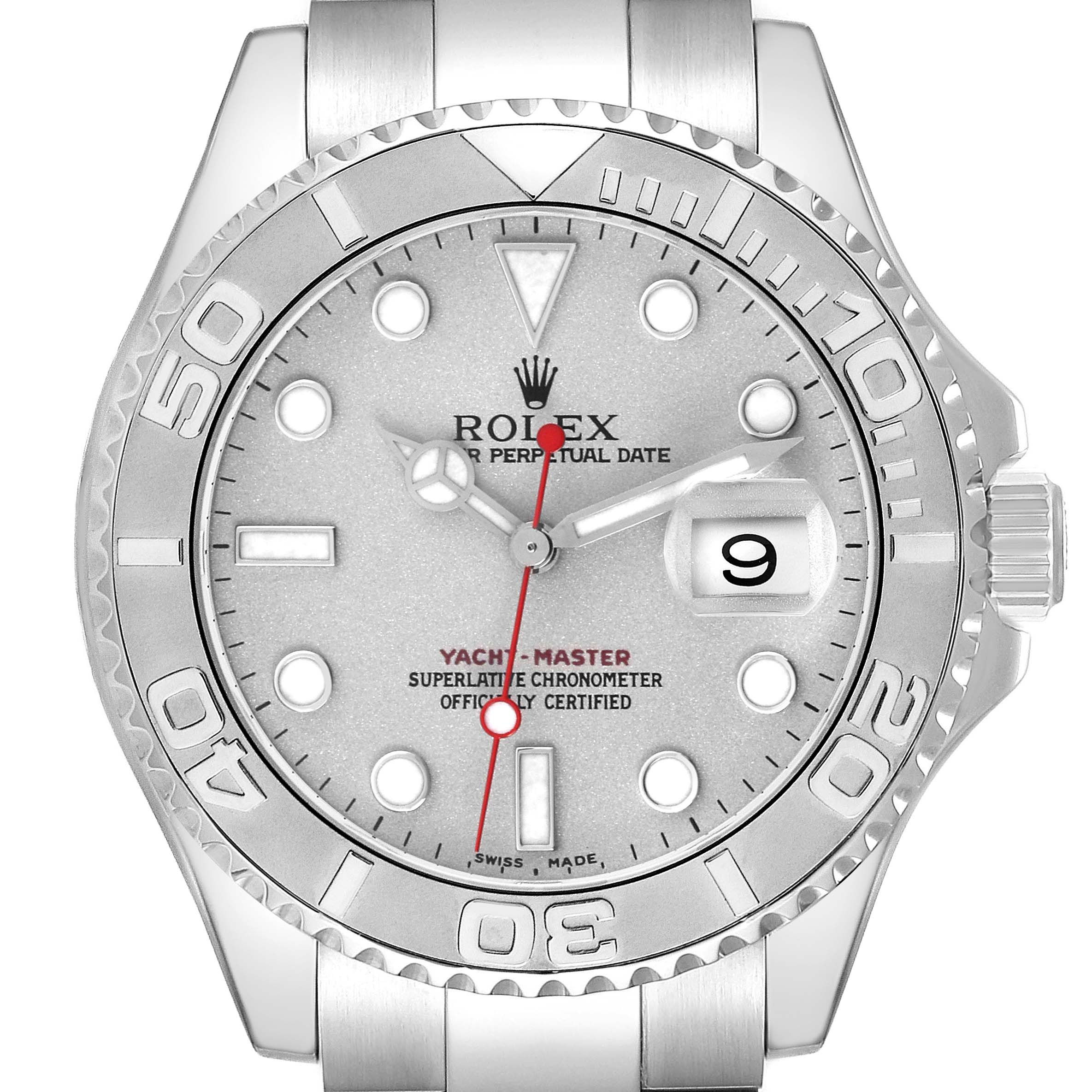 The Rolex Yacht-Master 16622 Men
s Stainless Steel Silver Dial 16622 Men
s Stainless Steel Silver Dial is shown from the front, displaying the dial, bezel, hands, and partially the bracelet.