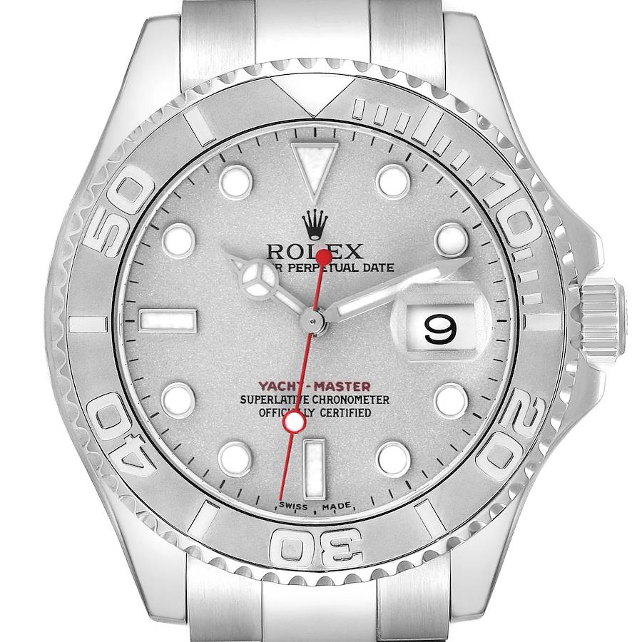 The Rolex Yacht-Master is shown from the front, displaying the dial, bezel, hands, and partially the bracelet.