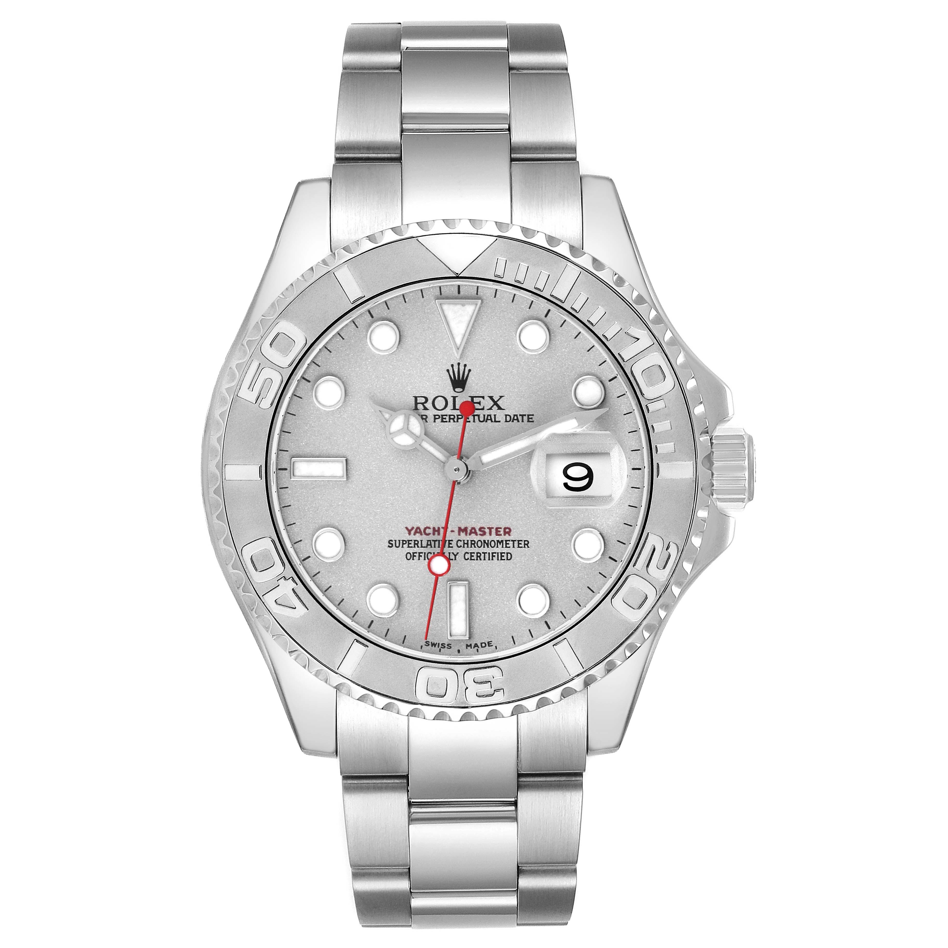 The Rolex Yacht-Master 16622 Men
s Stainless Steel Silver Dial 16622 Men
s Stainless Steel Silver Dial watch is shown from a front view, displaying the dial, bezel, crown, and bracelet.
