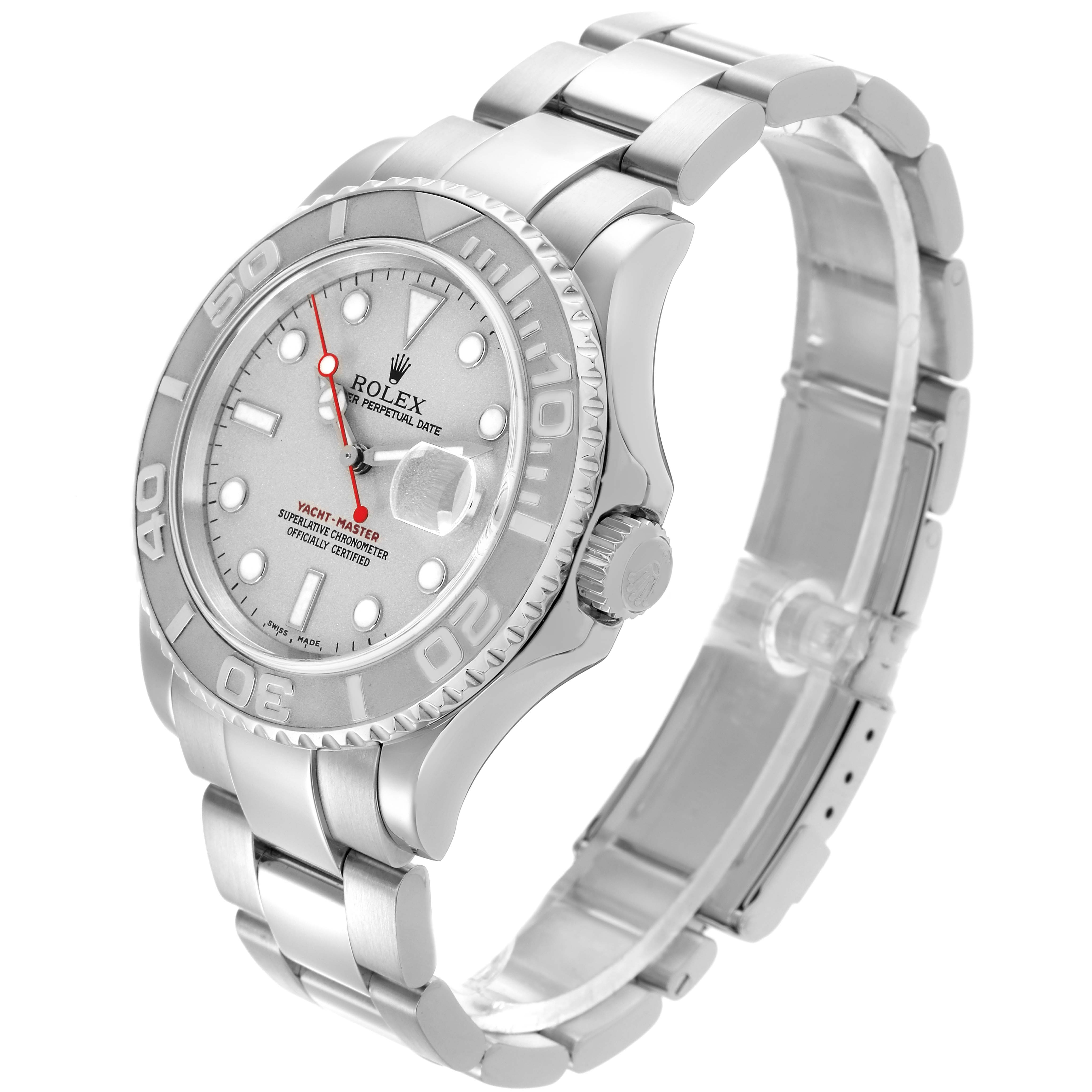 The image shows a Rolex Yacht-Master 16622 Men
s Stainless Steel Silver Dial 16622 Men
s Stainless Steel Silver Dial watch at a three-quarter angle, highlighting its face, bezel, crown, and bracelet.