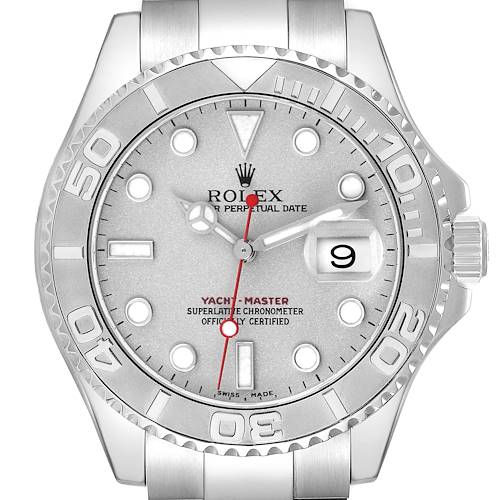 The Rolex Yacht-Master watch is shown from the front, highlighting the dial, bezel, and hour markers.