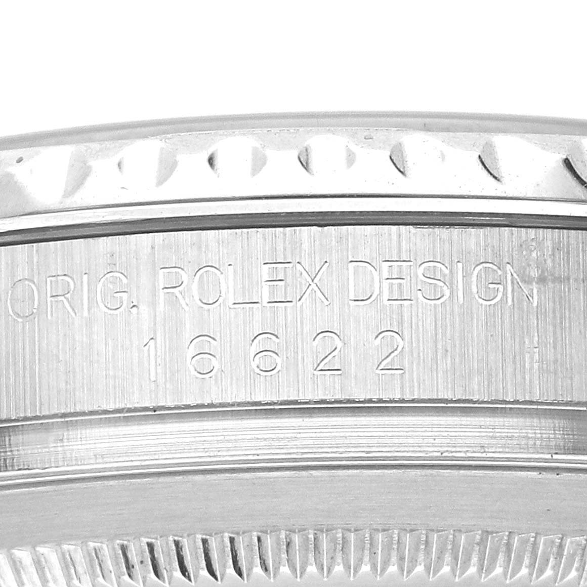 The image shows a close-up of the case side of a Rolex Yacht-Master 16622 Men
s Stainless Steel Silver Dial 16622 Men
s Stainless Steel Silver Dial, highlighting the engraved model number and design text.