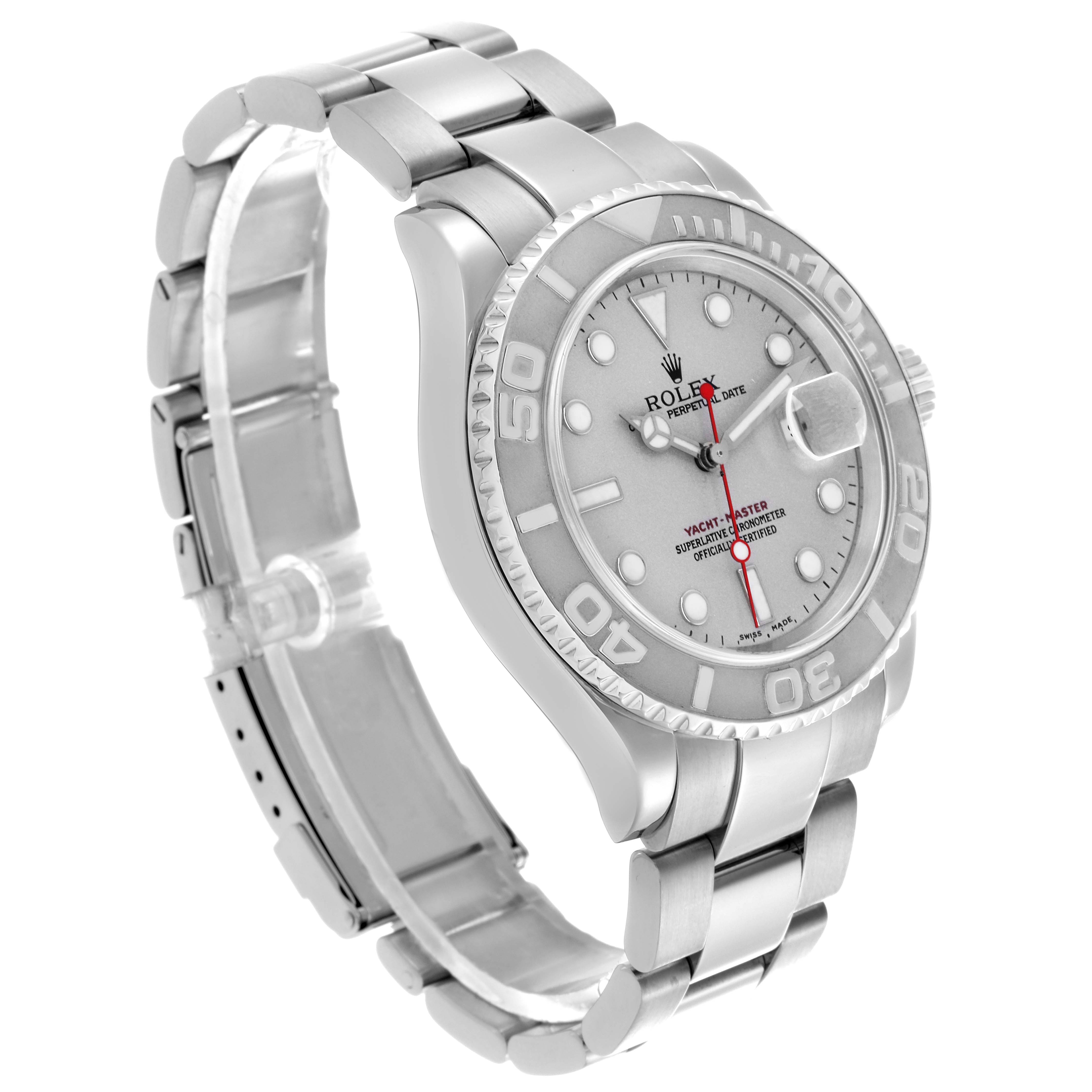 The Rolex Yacht-Master 16622 Men
s Stainless Steel Silver Dial 16622 Men
s Stainless Steel Silver Dial is shown at a slight angle, highlighting the face, bezel, and bracelet.