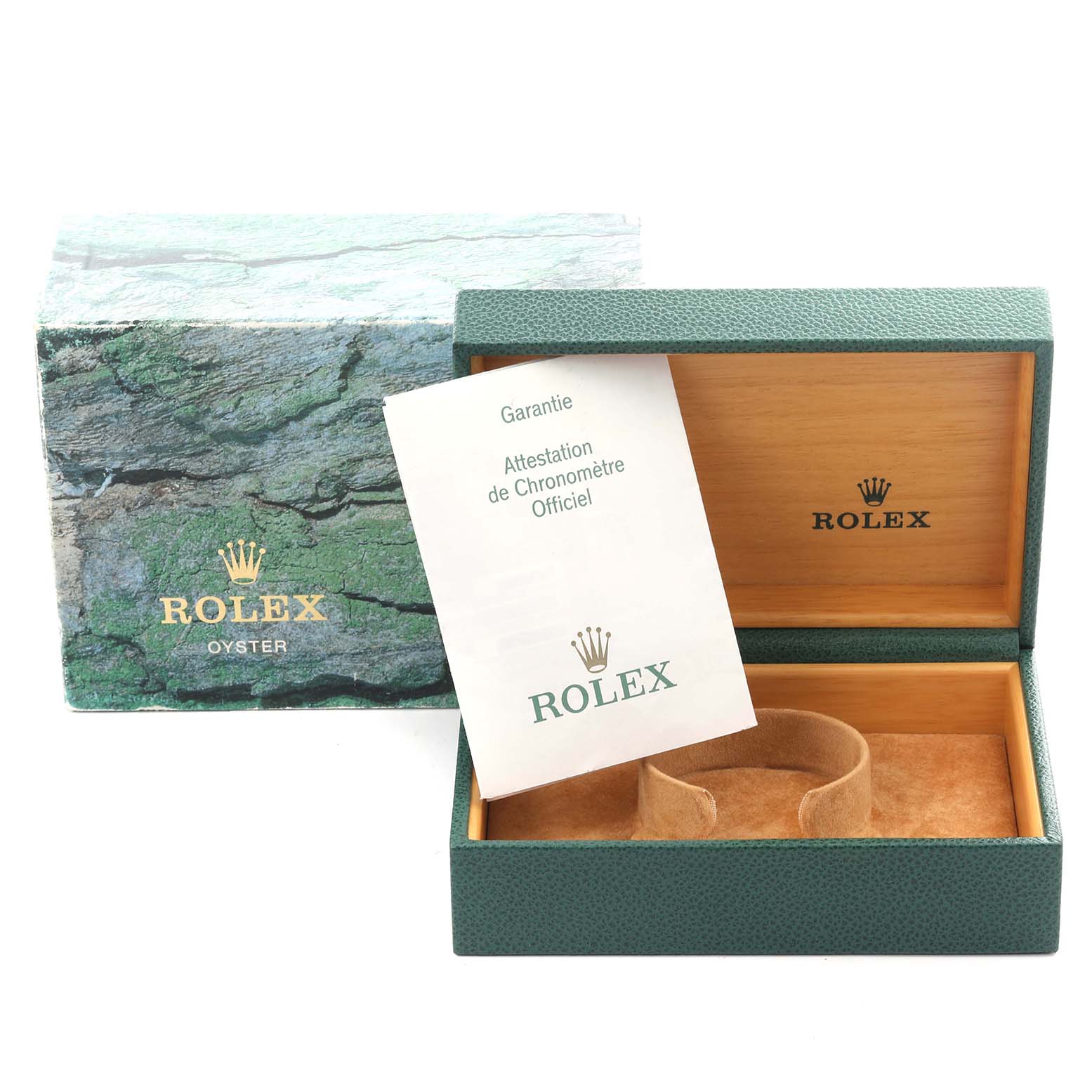 The Rolex Yacht-Master 16622 Men
s Stainless Steel Silver Dial 16622 Men
s Stainless Steel Silver Dial accessories show an open box and a warranty card, presented from a front angle.