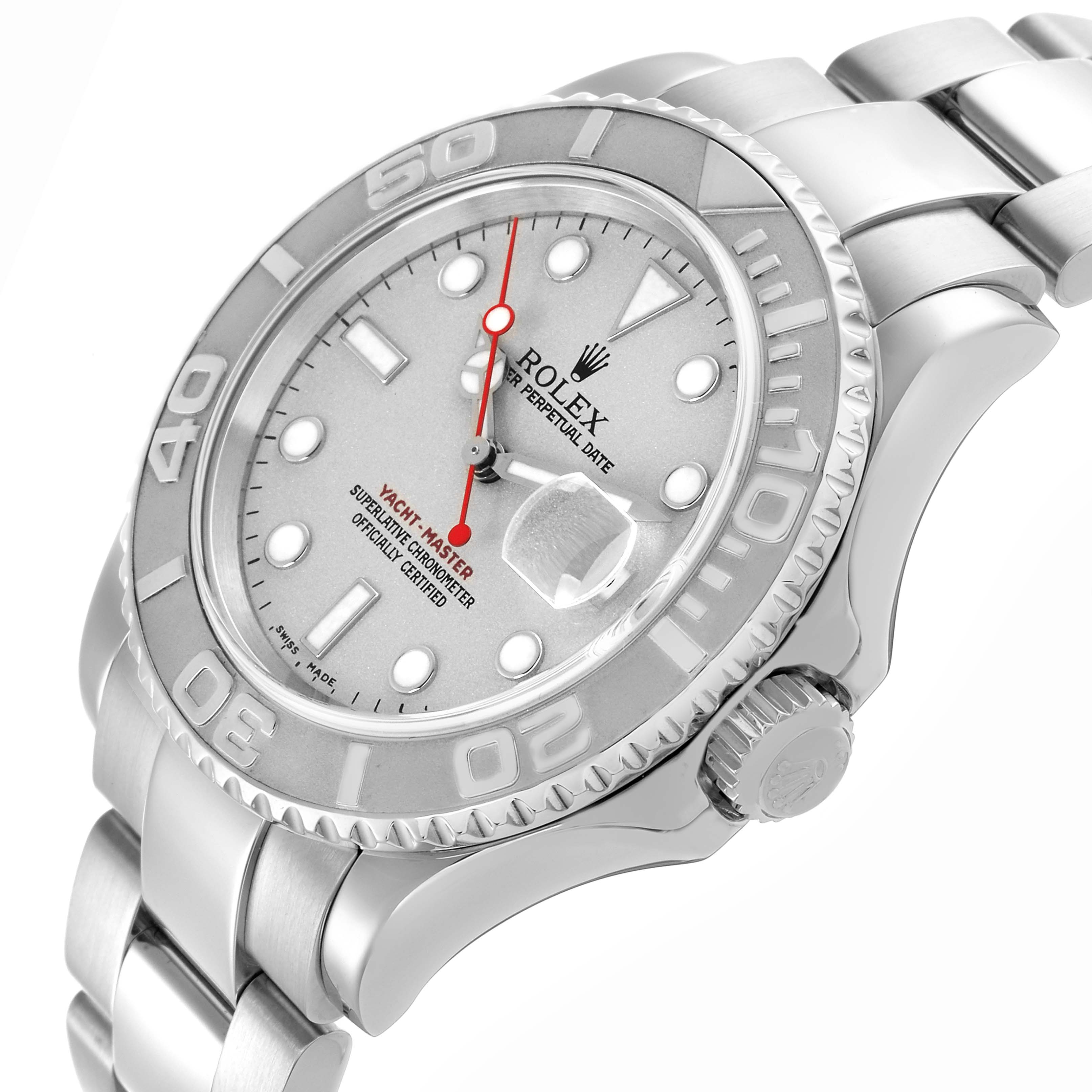 The Rolex Yacht-Master 16622 Men
s Stainless Steel Silver Dial 16622 Men
s Stainless Steel Silver Dial watch is shown at an angled view, highlighting the bezel, dial, and part of the bracelet.