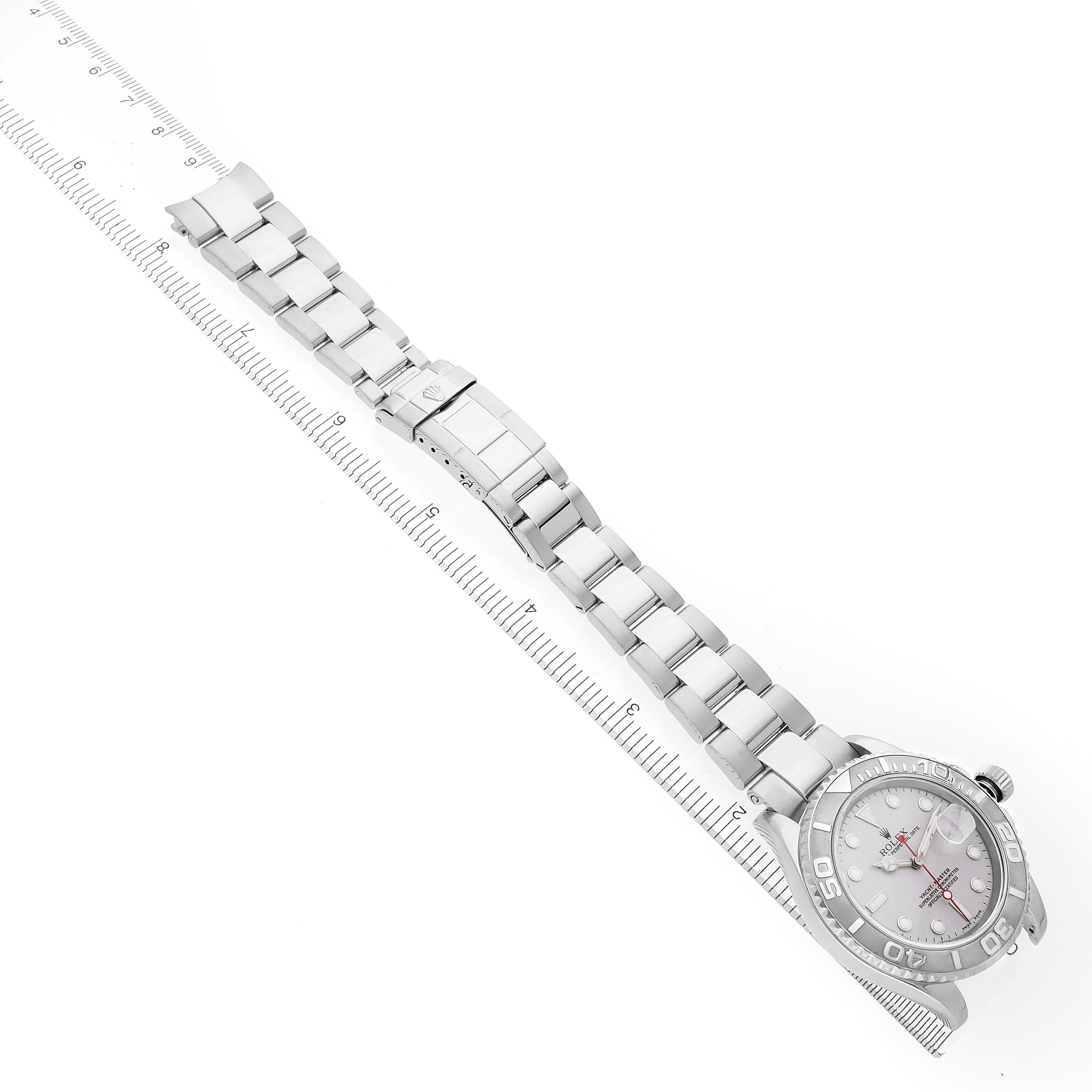 The Rolex Yacht-Master 16622 Men
s Stainless Steel Silver Dial 16622 Men
s Stainless Steel Silver Dial watch is shown at a diagonal angle, highlighting the bracelet and clasp.