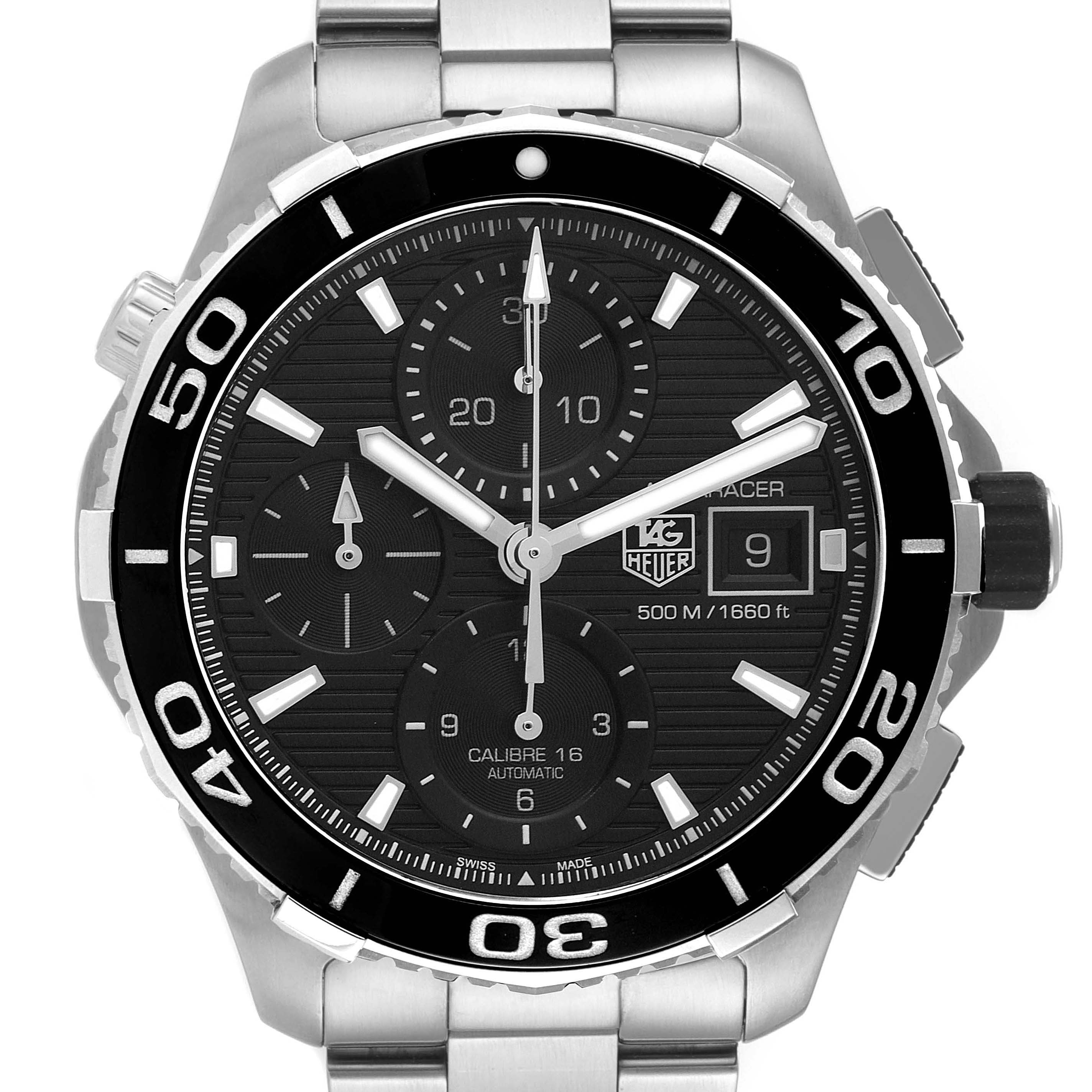 The image shows a front view of the Tag Heuer Aquaracer CAK2110.BA0833 Men
s Stainless Steel Black Dial CAK2110.BA0833 Men
s Stainless Steel Black Dial watch, displaying the bezel, dial, subdials, hands, and date window.