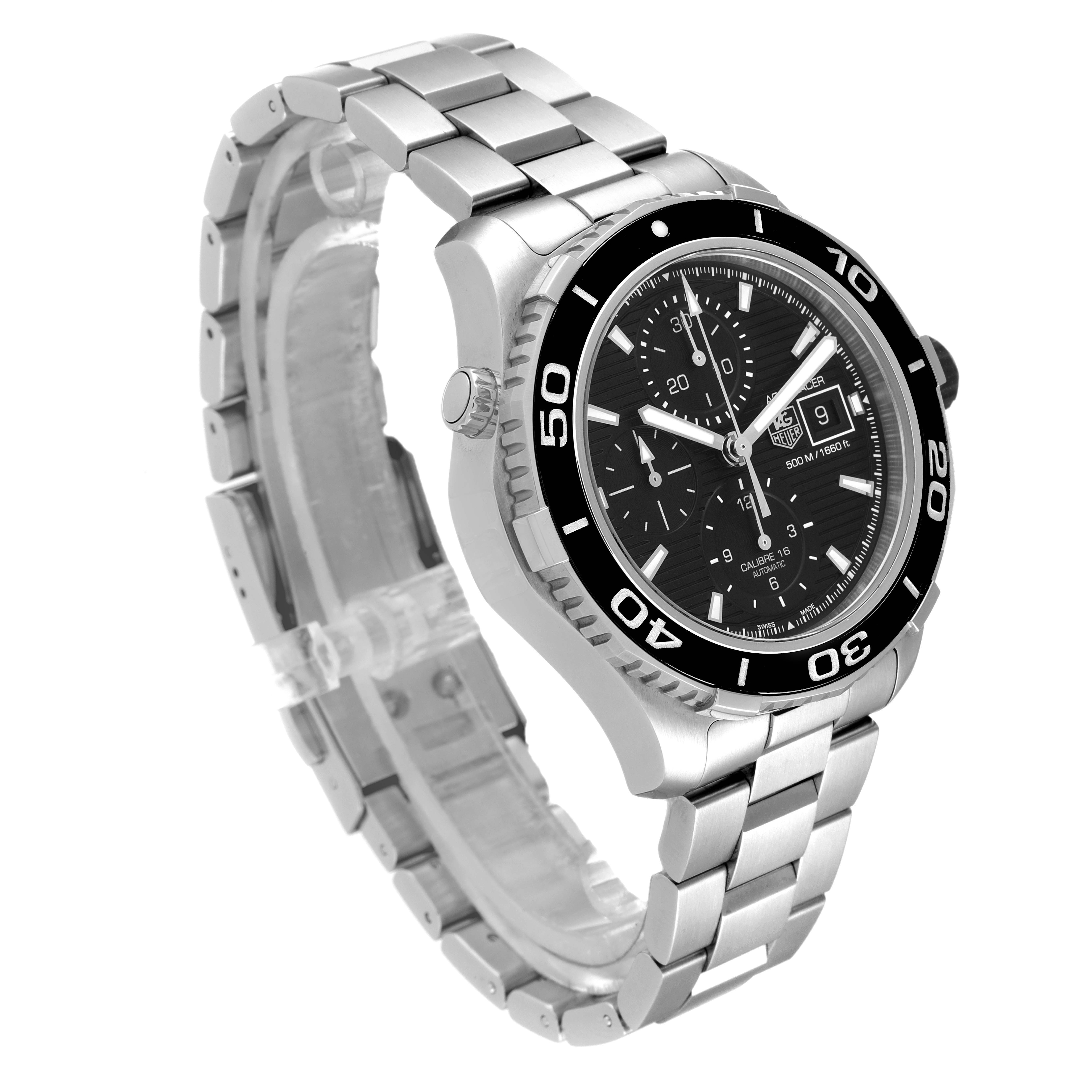 The Tag Heuer Aquaracer CAK2110.BA0833 Men
s Stainless Steel Black Dial CAK2110.BA0833 Men
s Stainless Steel Black Dial watch is shown at a slight side angle, highlighting its stainless steel bracelet, black bezel, and chronograph face.