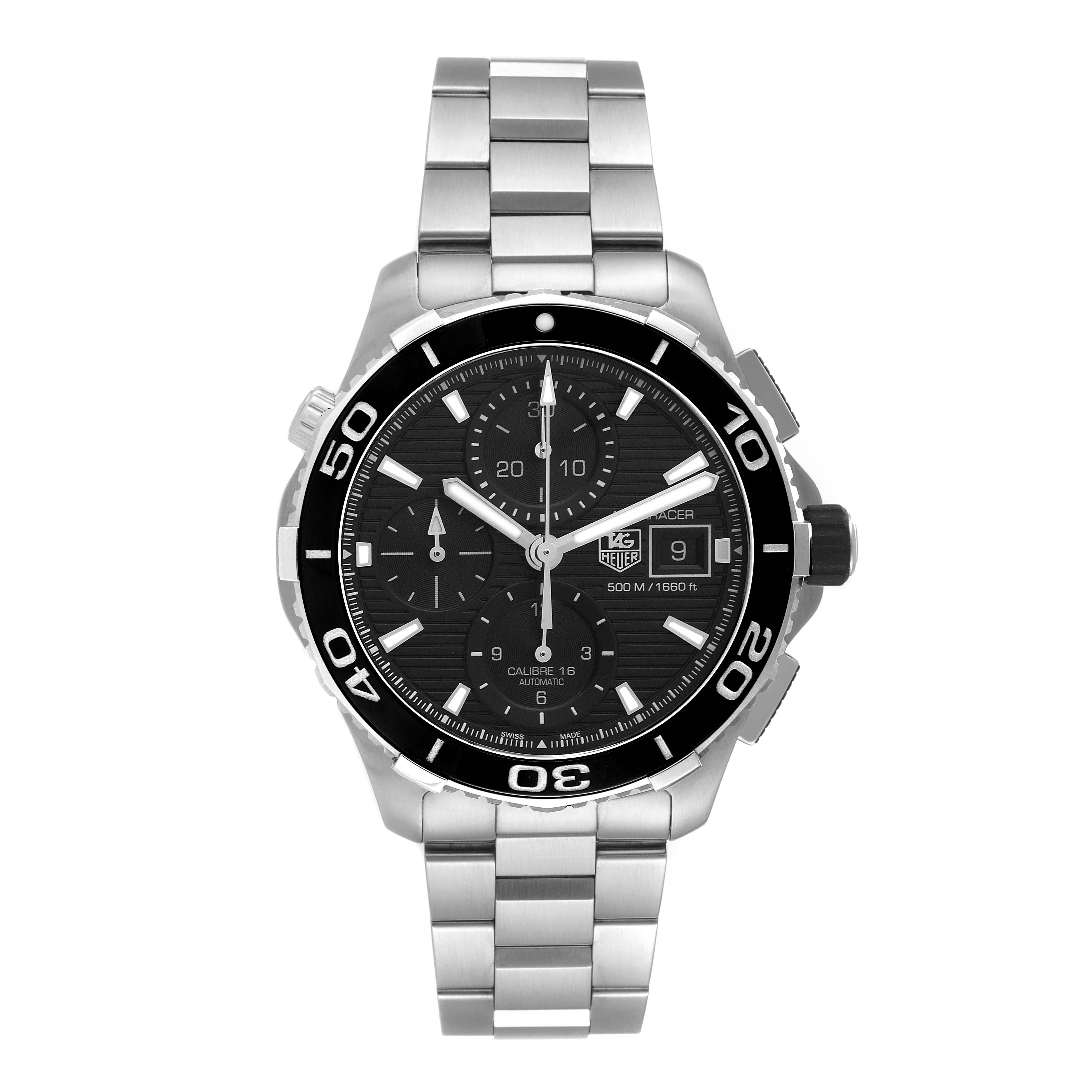 The image shows a front view of the Tag Heuer Aquaracer CAK2110.BA0833 Men
s Stainless Steel Black Dial CAK2110.BA0833 Men
s Stainless Steel Black Dial watch with a black dial and stainless steel bracelet.