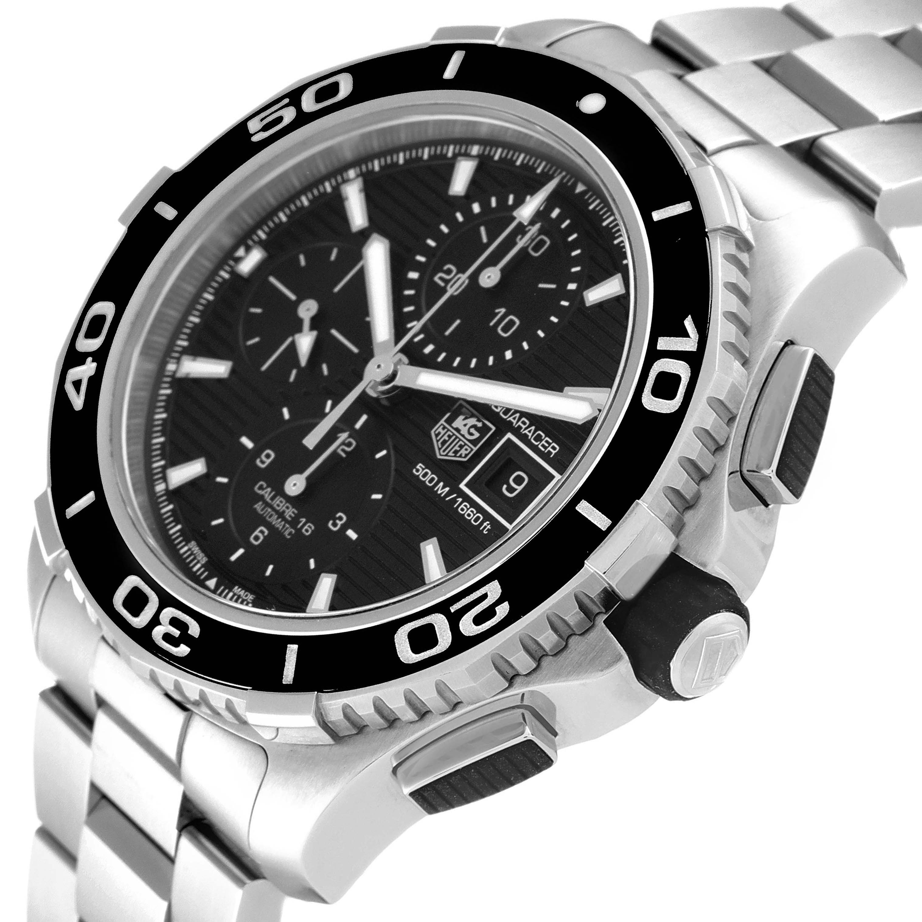 The image shows a side angle of a Tag Heuer Aquaracer CAK2110.BA0833 Men
s Stainless Steel Black Dial CAK2110.BA0833 Men
s Stainless Steel Black Dial watch, highlighting the bezel, dial, crown, and pushers.