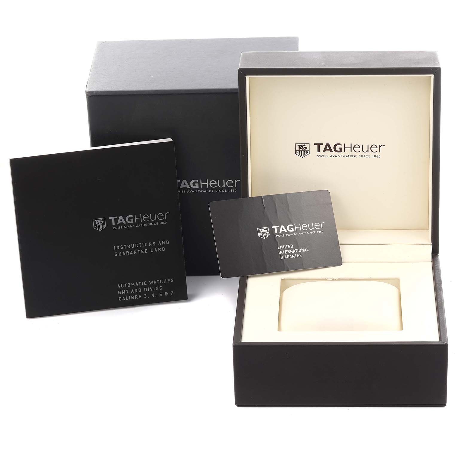 The image shows the Tag Heuer Aquaracer WAY218B.FC6364 Men's Stainless Steel Black Dial WAY218B.FC6364 Men's Stainless Steel Black Dial packaging, including the box, instruction manual, and guarantee card.