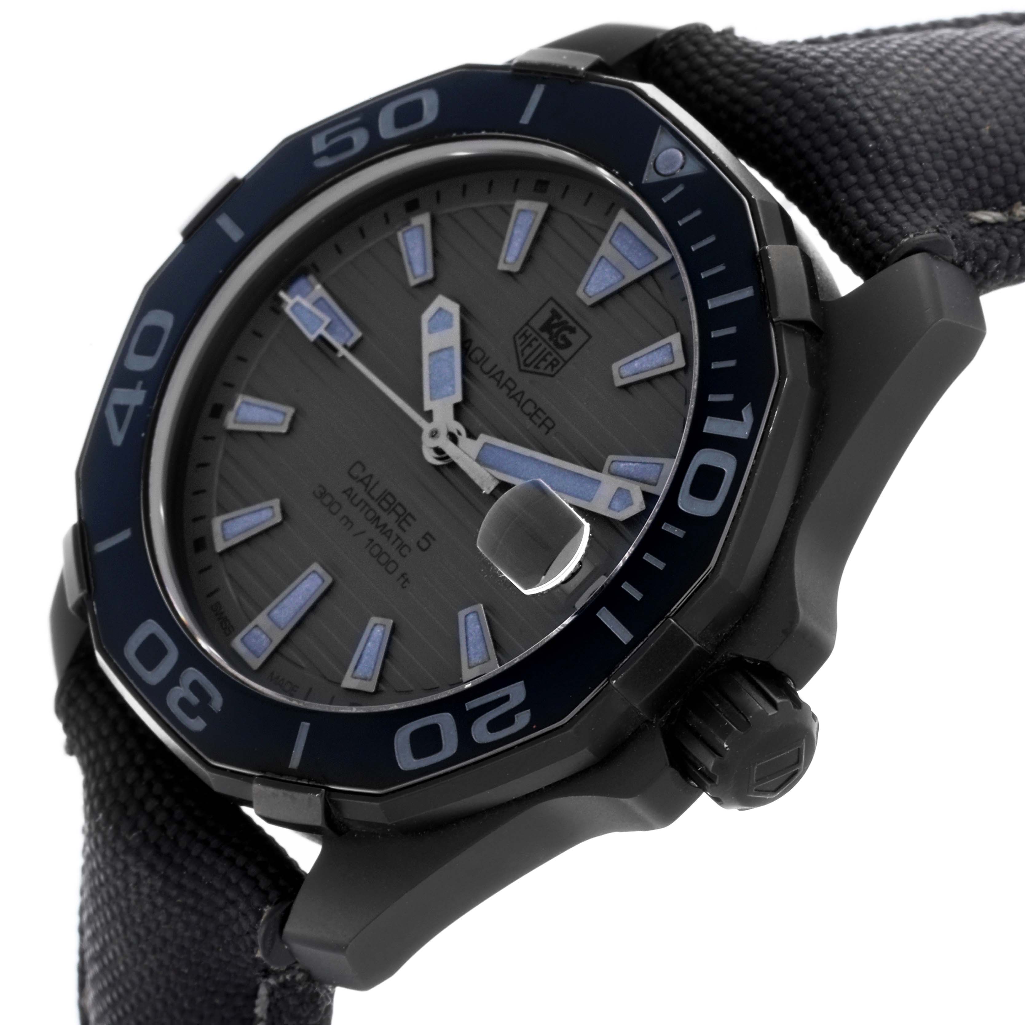 The Tag Heuer Aquaracer WAY218B.FC6364 Men's Stainless Steel Black Dial WAY218B.FC6364 Men's Stainless Steel Black Dial watch is shown at an angle displaying the face, bezel, crown, and part of the strap.