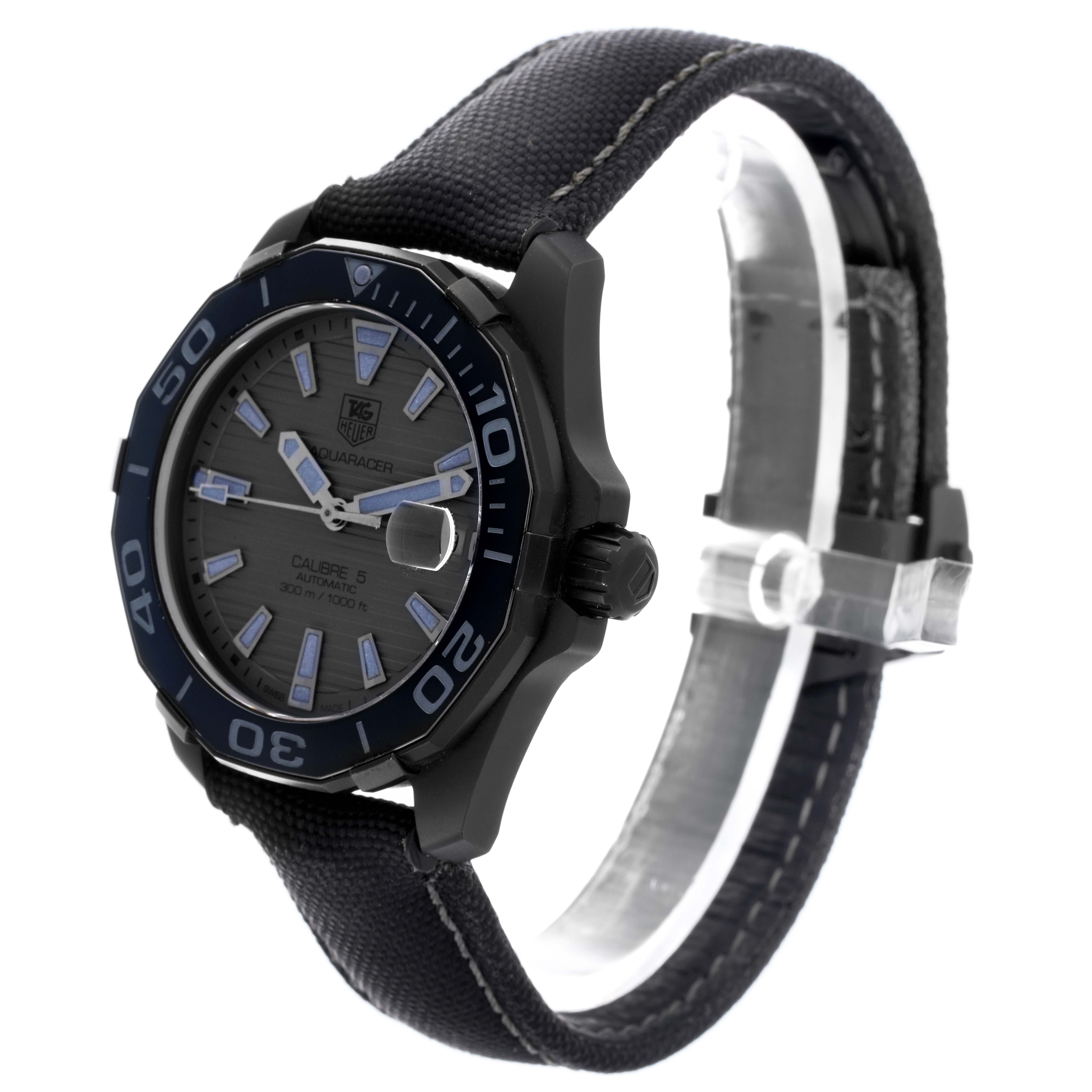 The Tag Heuer Aquaracer WAY218B.FC6364 Men's Stainless Steel Black Dial WAY218B.FC6364 Men's Stainless Steel Black Dial watch is shown at a three-quarter angle, displaying the face, bezel, and textured strap.