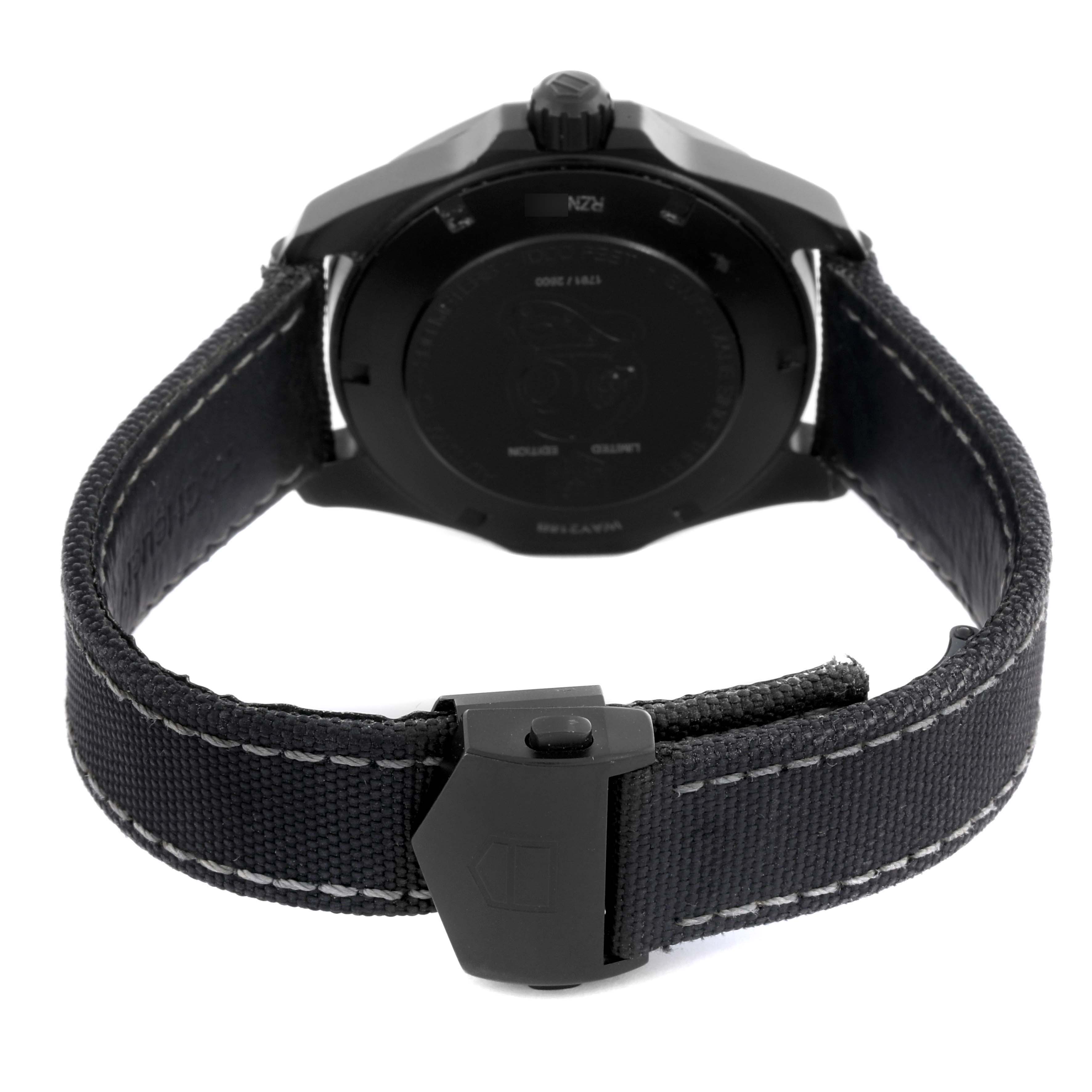 The image shows the back view of a Tag Heuer Aquaracer WAY218B.FC6364 Men's Stainless Steel Black Dial WAY218B.FC6364 Men's Stainless Steel Black Dial watch, highlighting the black case, strap, and clasp.