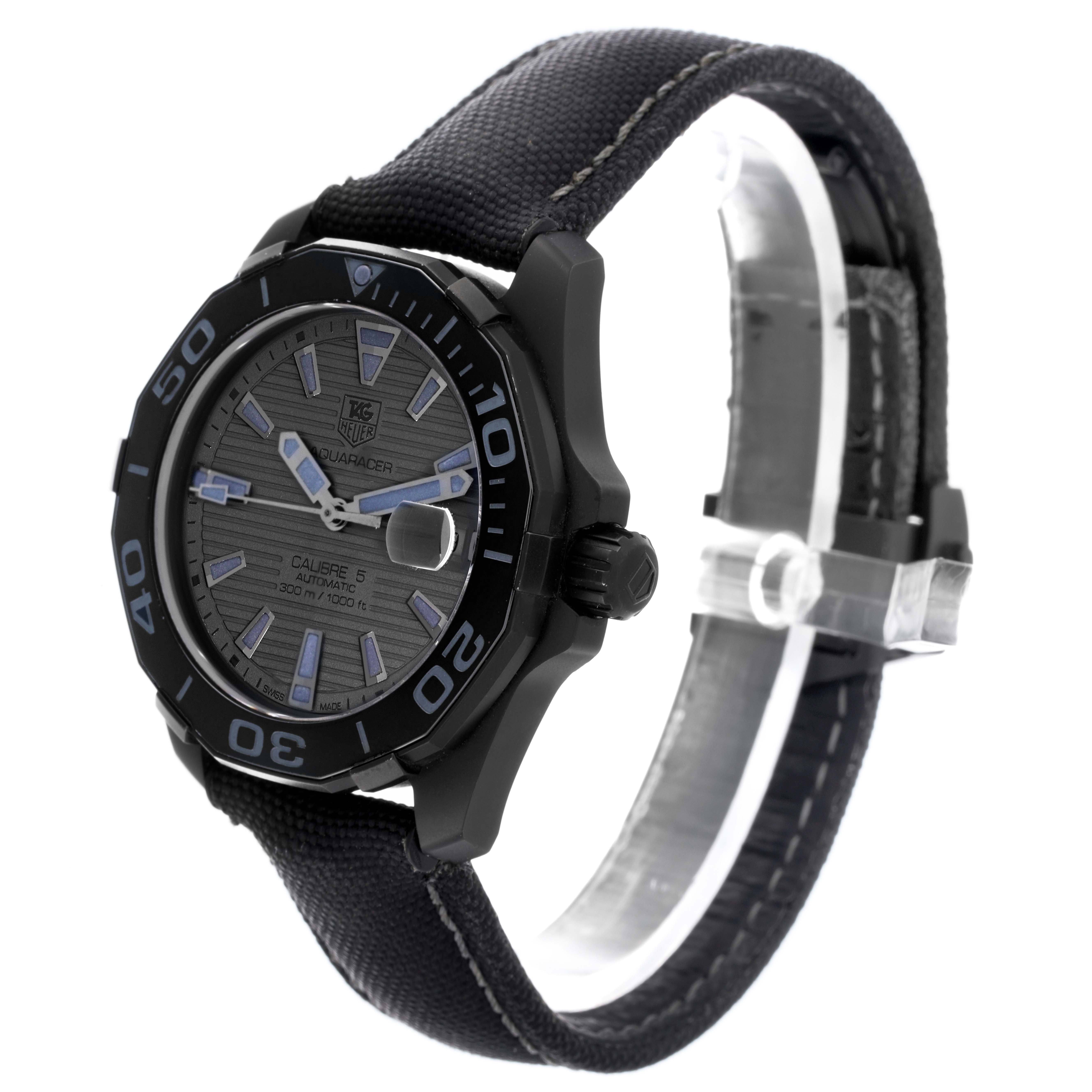 The Tag Heuer Aquaracer WAY218B.FC6364 Men's Stainless Steel Black Dial watch is shown at a slight angle, highlighting its face, bezel, crown, and strap.