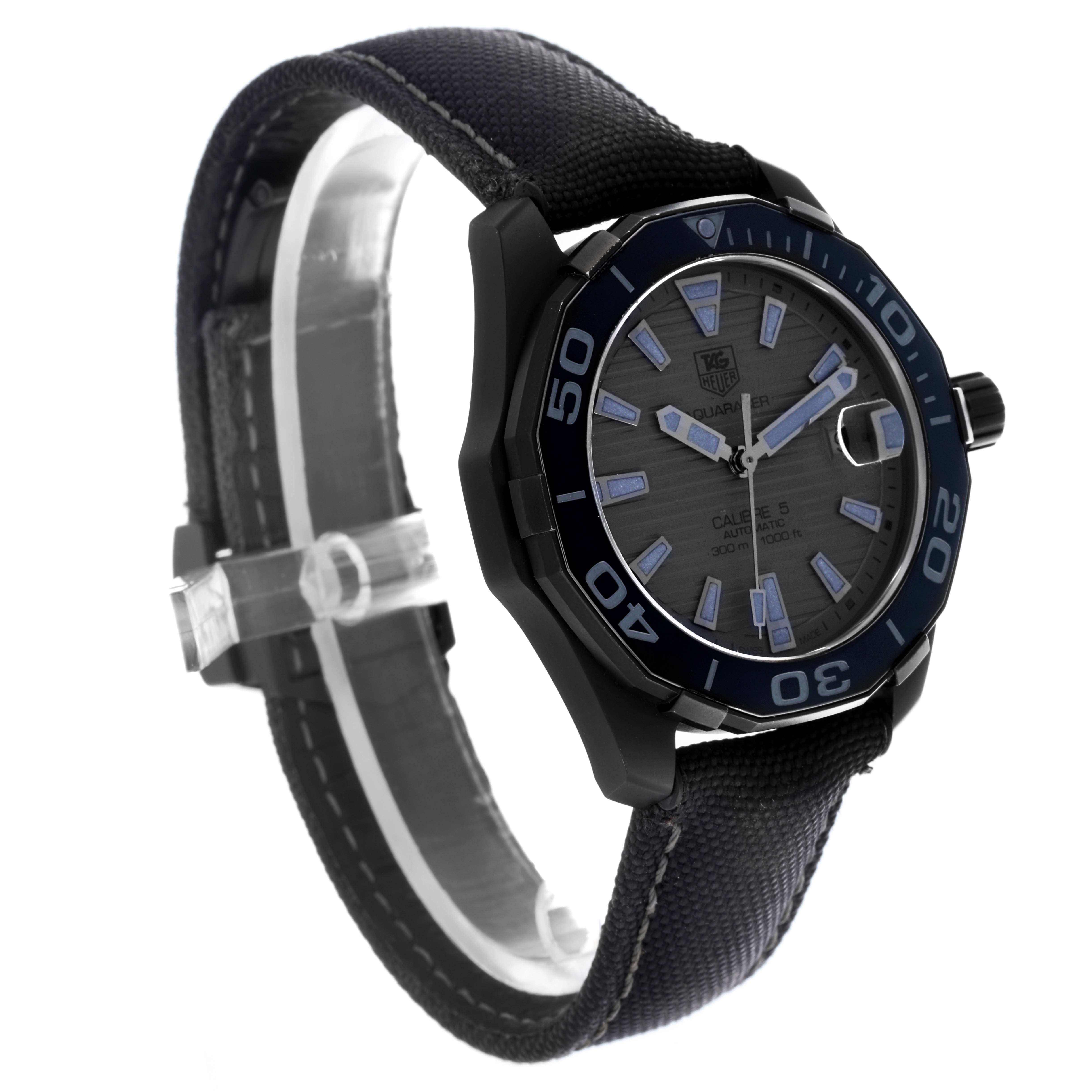 The Tag Heuer Aquaracer WAY218B.FC6364 Men's Stainless Steel Black Dial WAY218B.FC6364 Men's Stainless Steel Black Dial watch is shown at a three-quarter angle, highlighting its face, bezel, and strap.