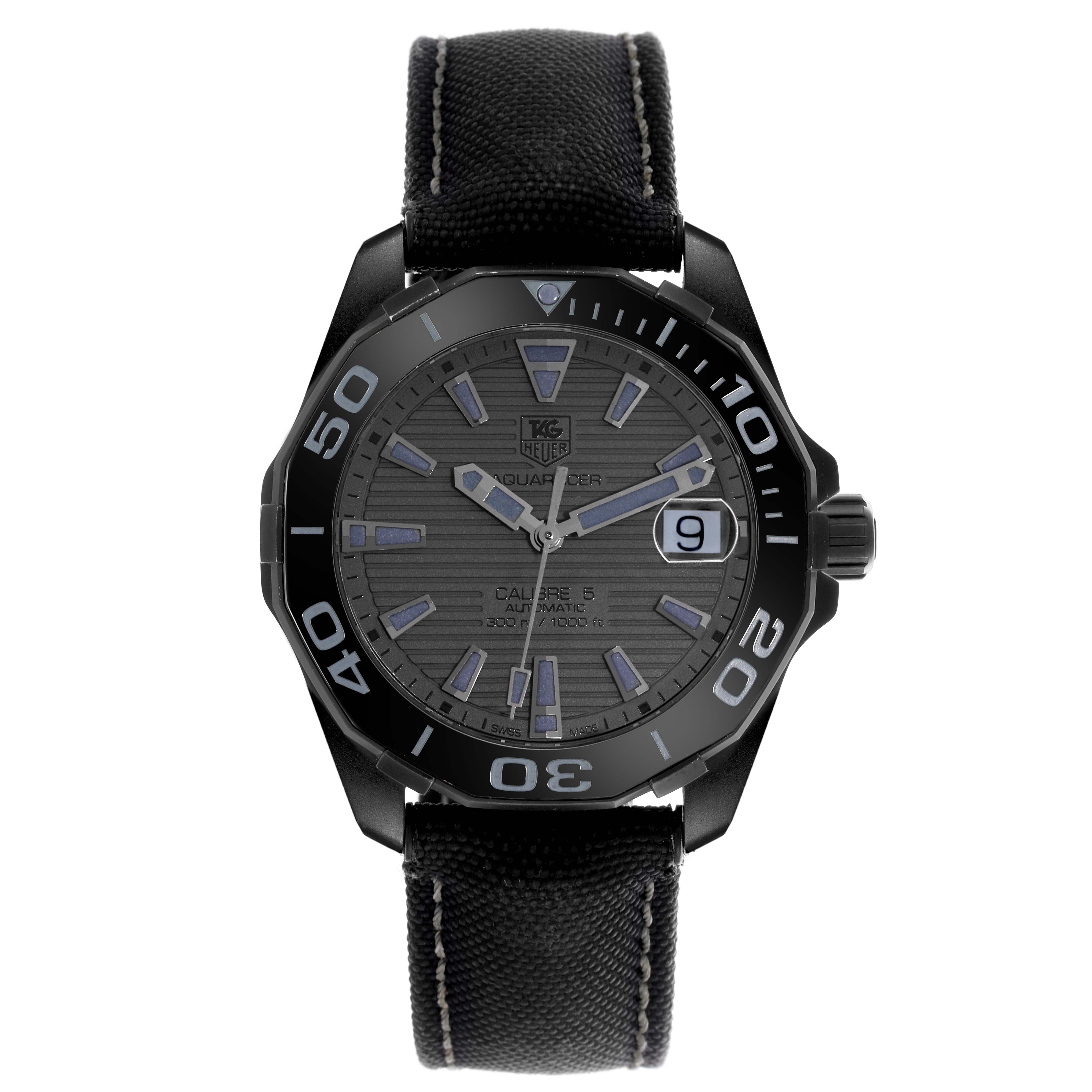 The Tag Heuer Aquaracer WAY218B.FC6364 Men's Stainless Steel Black Dial WAY218B.FC6364 Men's Stainless Steel Black Dial watch is shown front-facing, highlighting the dial, bezel, and strap.