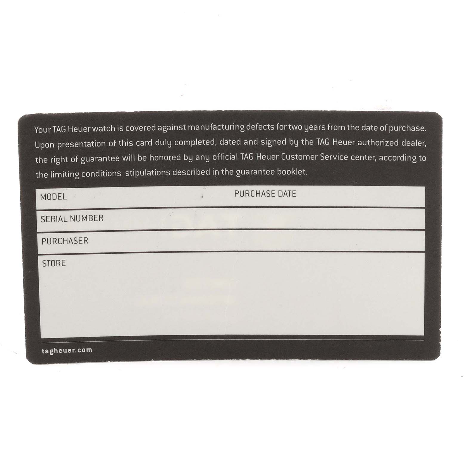 This is a warranty card for the Tag Heuer Aquaracer WAY218B.FC6364 Men's Stainless Steel Black Dial WAY218B.FC6364 Men's Stainless Steel Black Dial watch, showing fields for model, serial number, purchase date, purchaser, and store.