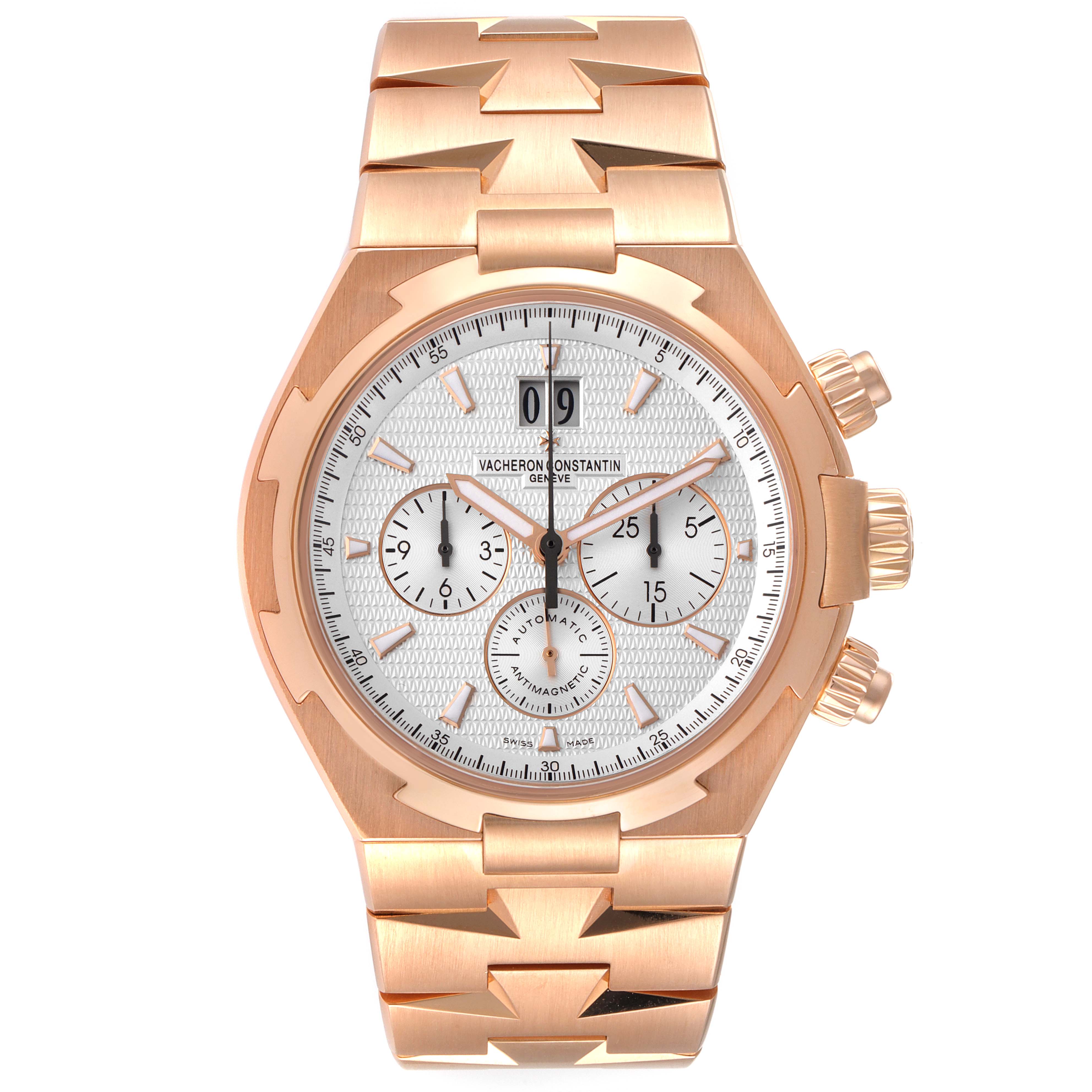 This image shows a front view of the Vacheron Constantin Overseas 49150/B01R-9454 Men's Rose Gold Silver Dial 49150/B01R-9454 Men's Rose Gold Silver Dial model watch, displaying its dial, bezel, and part of the bracelet.