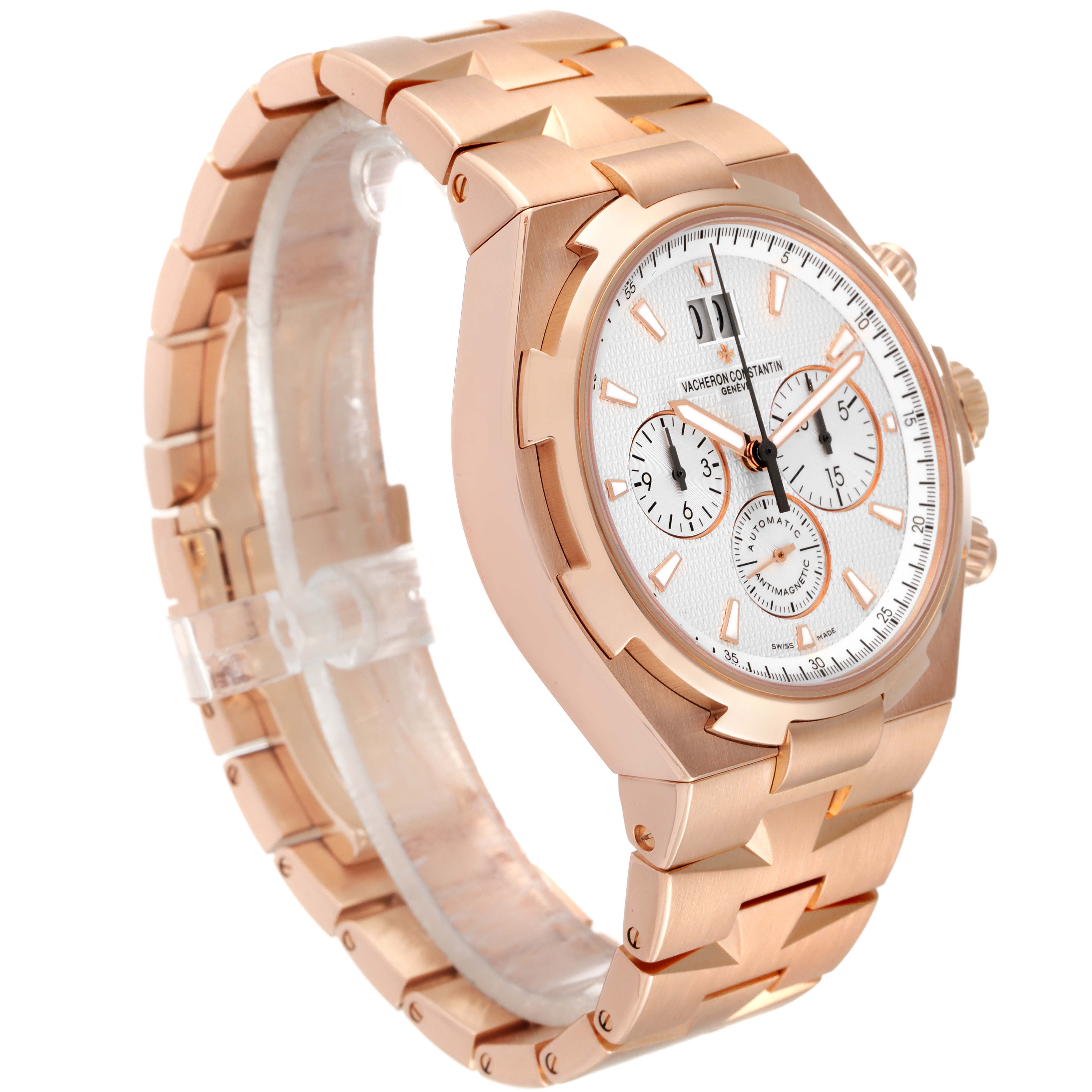This image shows a Vacheron Constantin Overseas 49150/B01R-9454 Men's Rose Gold Silver Dial 49150/B01R-9454 Men's Rose Gold Silver Dial watch at an angle highlighting its rose gold case, bracelet, and chronograph dial.