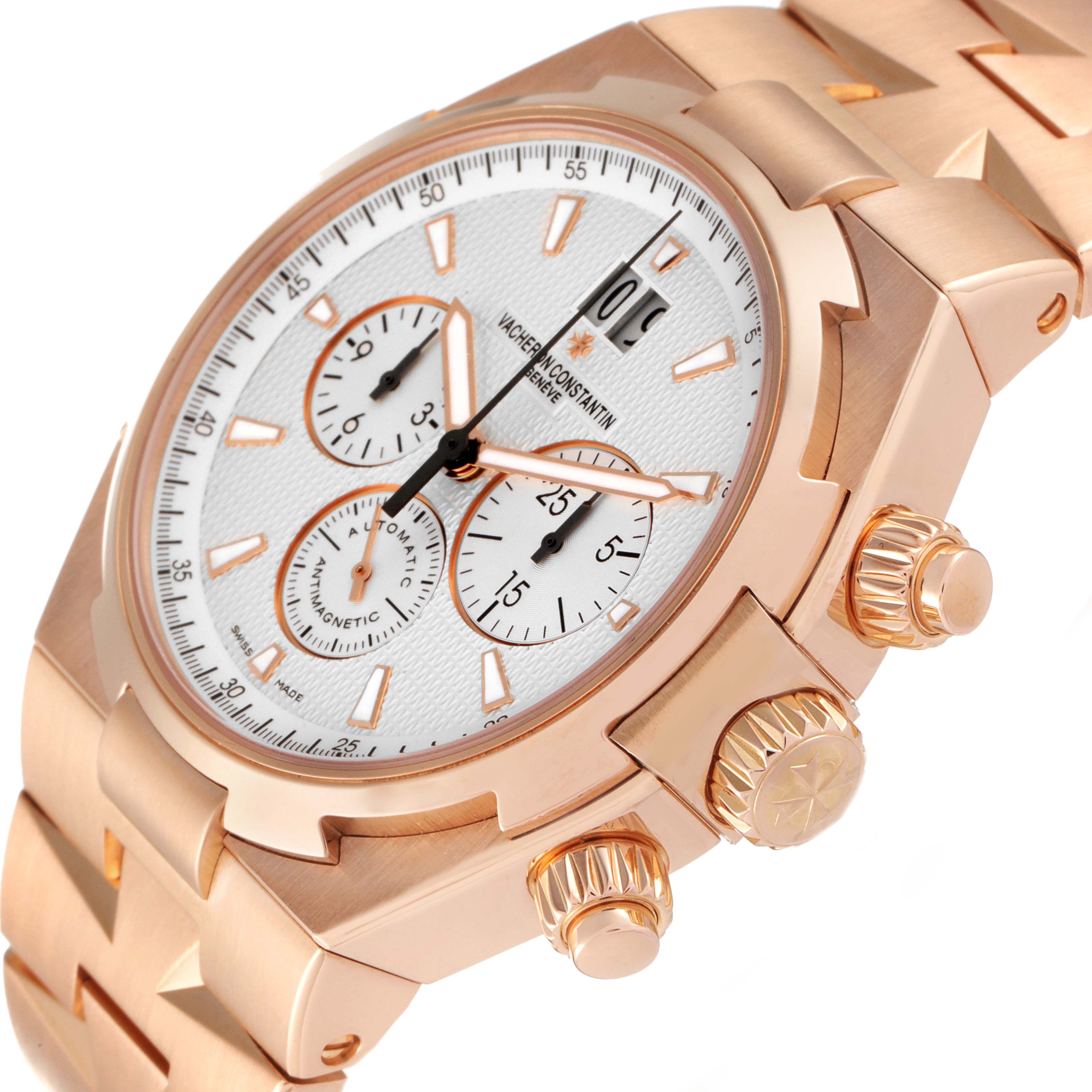 The image shows a close-up, side angle view of a Vacheron Constantin Overseas 49150/B01R-9454 Men's Rose Gold Silver Dial 49150/B01R-9454 Men's Rose Gold Silver Dial watch, highlighting the dial and crown.