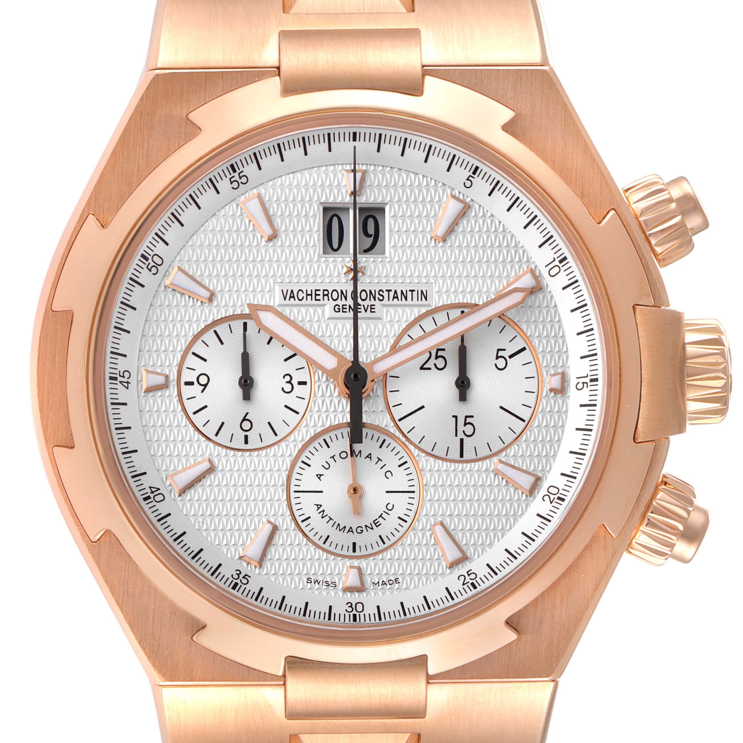 This image shows a close-up, front-facing view of the Vacheron Constantin Overseas 49150/B01R-9454 Men's Rose Gold Silver Dial 49150/B01R-9454 Men's Rose Gold Silver Dial watch, highlighting the face, dials, and crown.