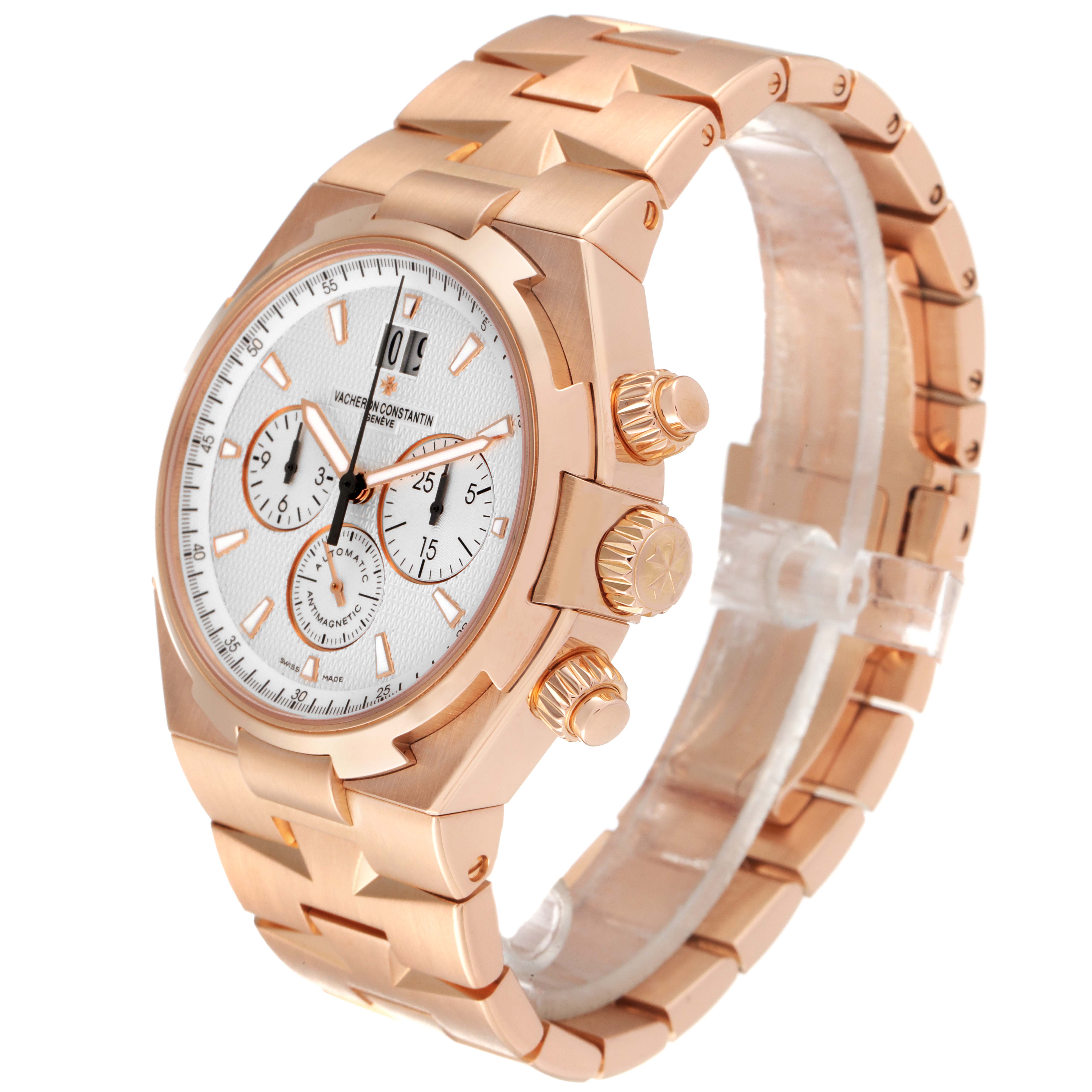 The image shows a Vacheron Constantin Overseas 49150/B01R-9454 Men's Rose Gold Silver Dial 49150/B01R-9454 Men's Rose Gold Silver Dial watch in a side angle, highlighting the dial, crown, pushers, and bracelet.