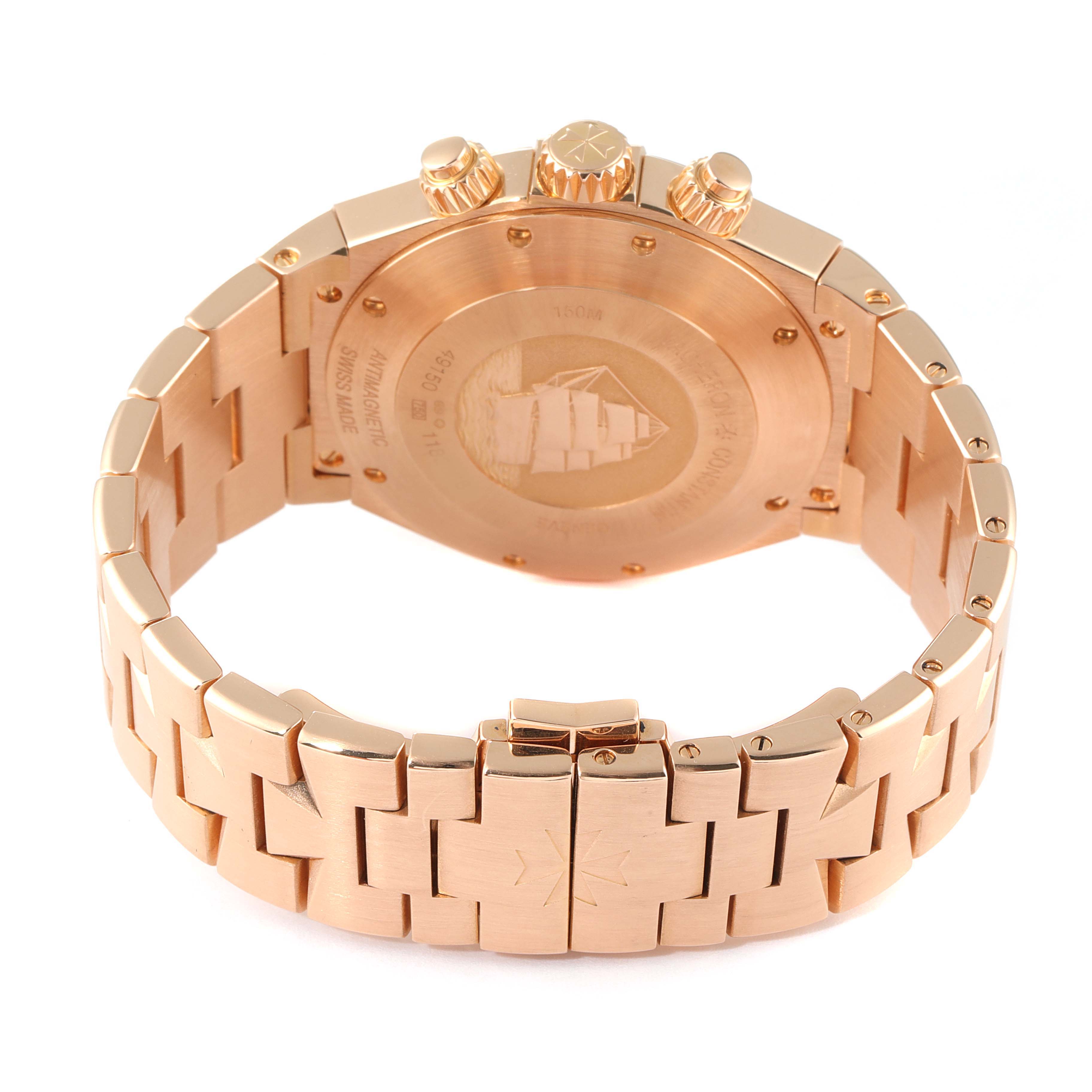 The image displays the back and clasp of a Vacheron Constantin Overseas 49150/B01R-9454 Men's Rose Gold Silver Dial 49150/B01R-9454 Men's Rose Gold Silver Dial model watch from a rear angle.