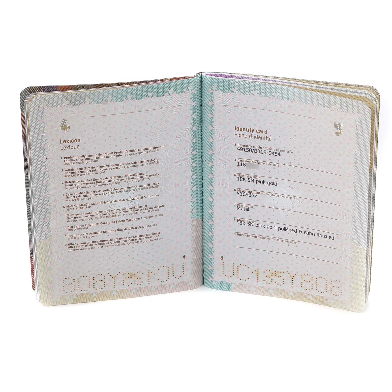 This image shows an open booklet containing the identity card and lexicon for a Vacheron Constantin Overseas 49150/B01R-9454 Men's Rose Gold Silver Dial 49150/B01R-9454 Men's Rose Gold Silver Dial watch.
