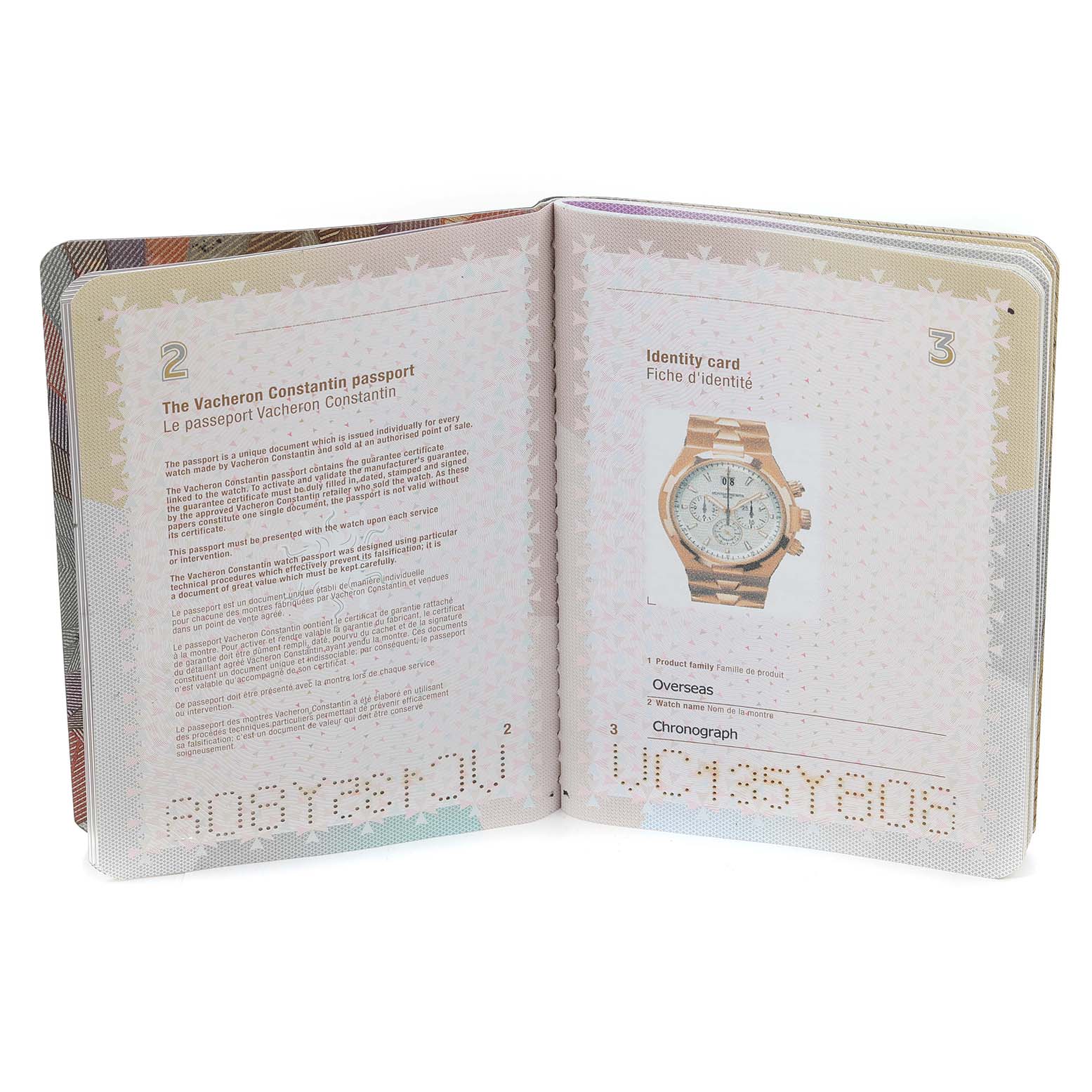 The image shows the Vacheron Constantin passport booklet for the Overseas model, with text and a photo of the watch.