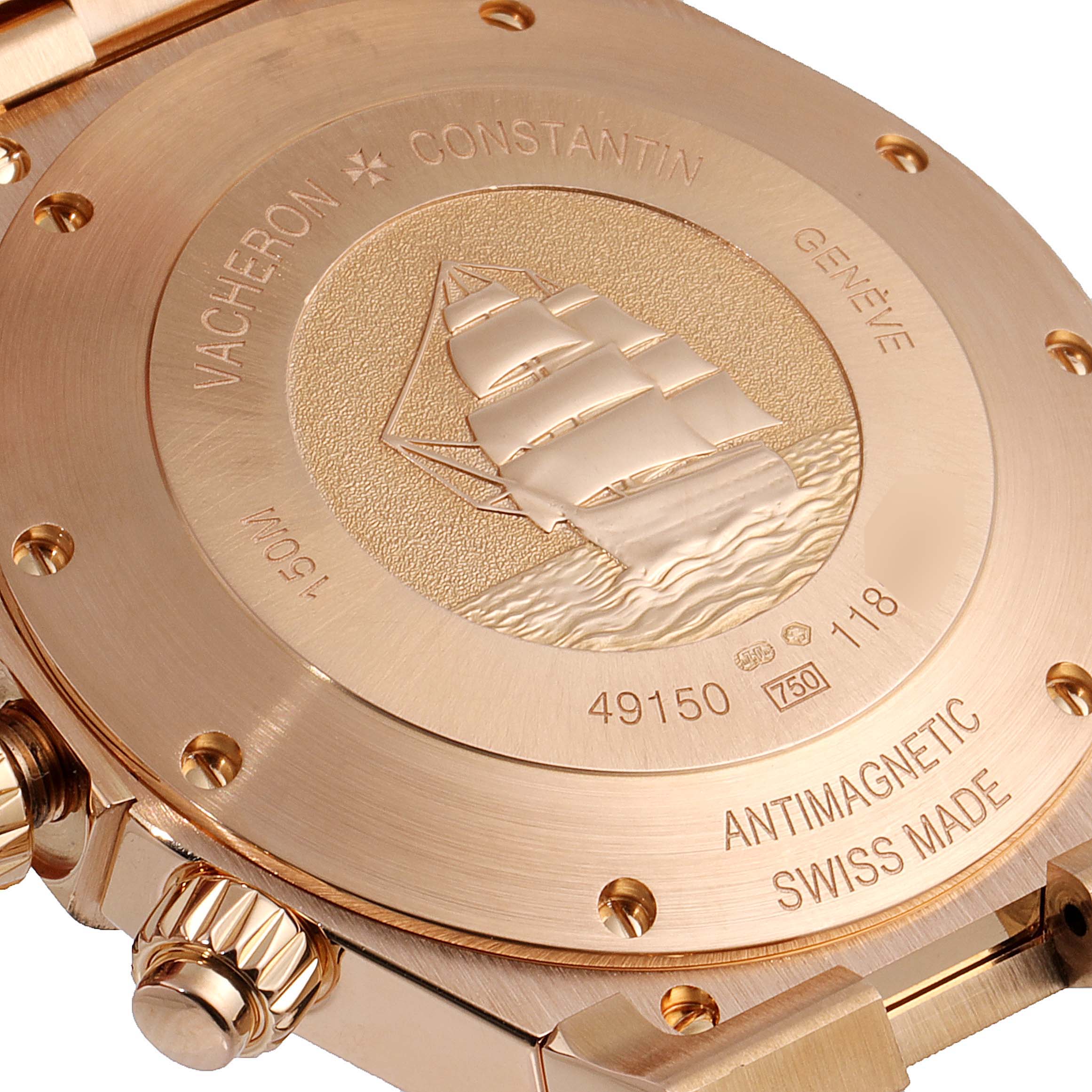 The image shows the back case of the Vacheron Constantin Overseas 49150/B01R-9454 Men's Rose Gold Silver Dial 49150/B01R-9454 Men's Rose Gold Silver Dial model, highlighting the embossed ship design and engraved details.