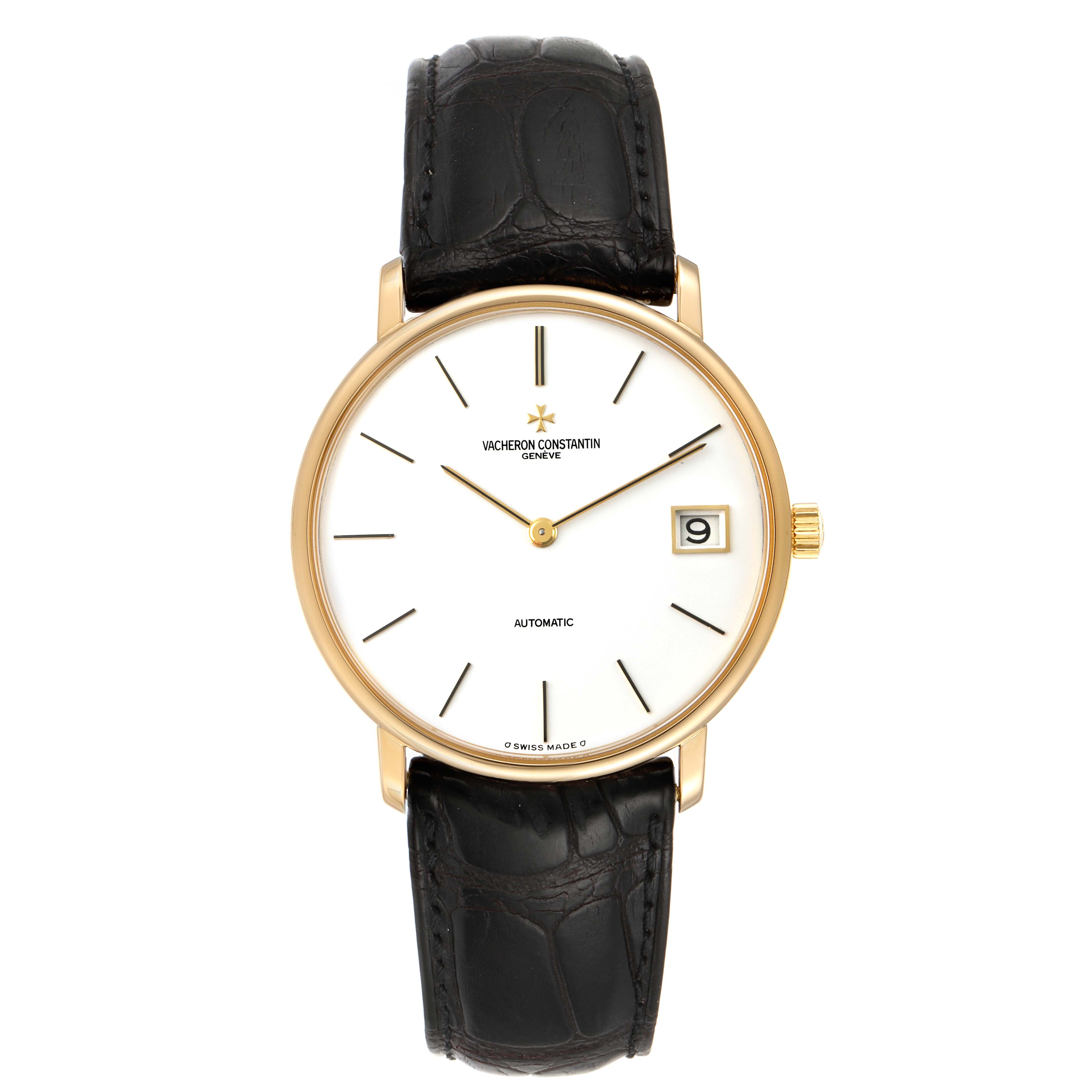 The Vacheron Constantin Patrimony 44001/3 Men's Yellow Gold White Dial 44001/3 Men's Yellow Gold White Dial watch is shown from the front, displaying the face, hands, and date window, with a black leather strap.