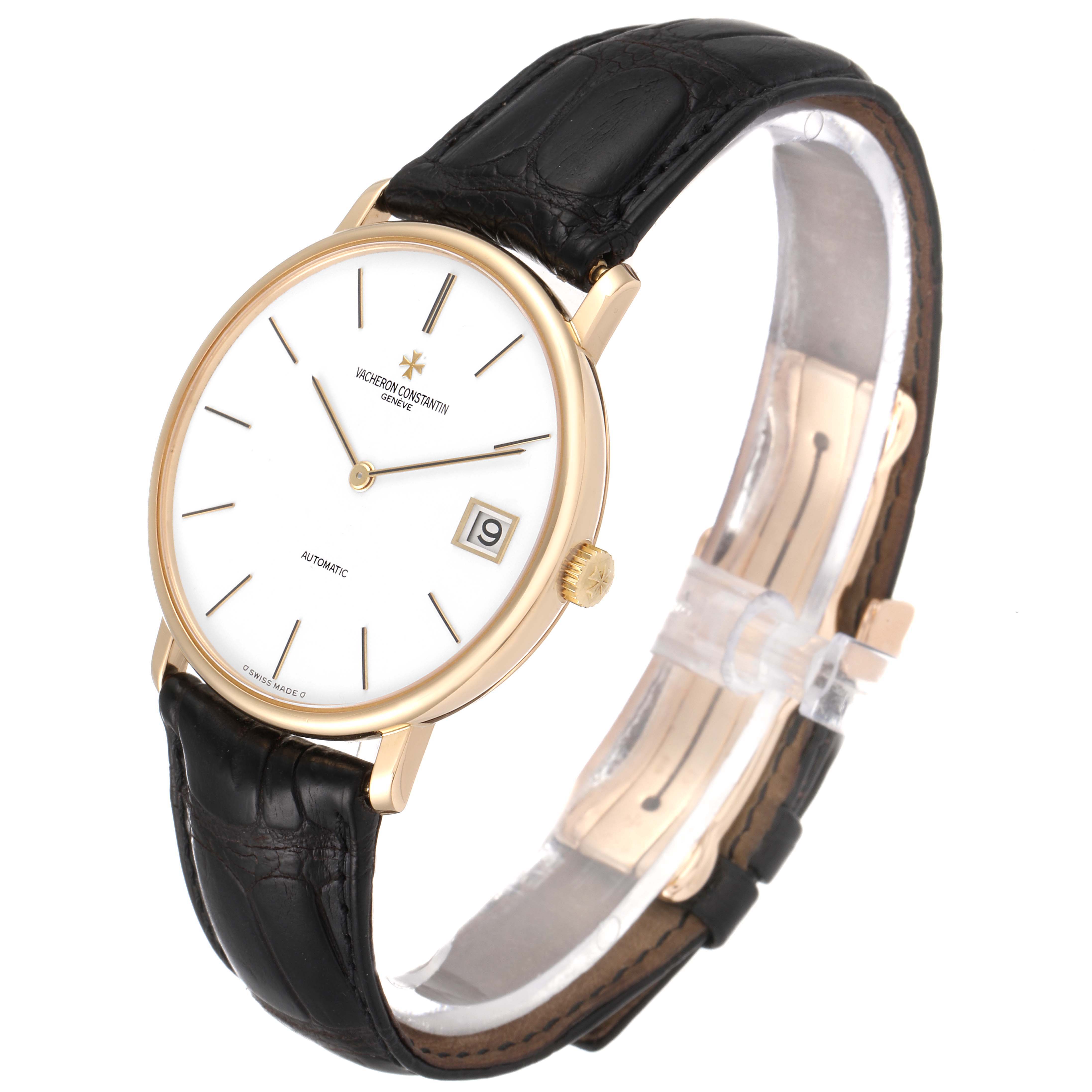 This image shows a side angle view of a Vacheron Constantin Patrimony 44001/3 Men's Yellow Gold White Dial 44001/3 Men's Yellow Gold White Dial watch, featuring the watch face, date window, crown, and leather strap.