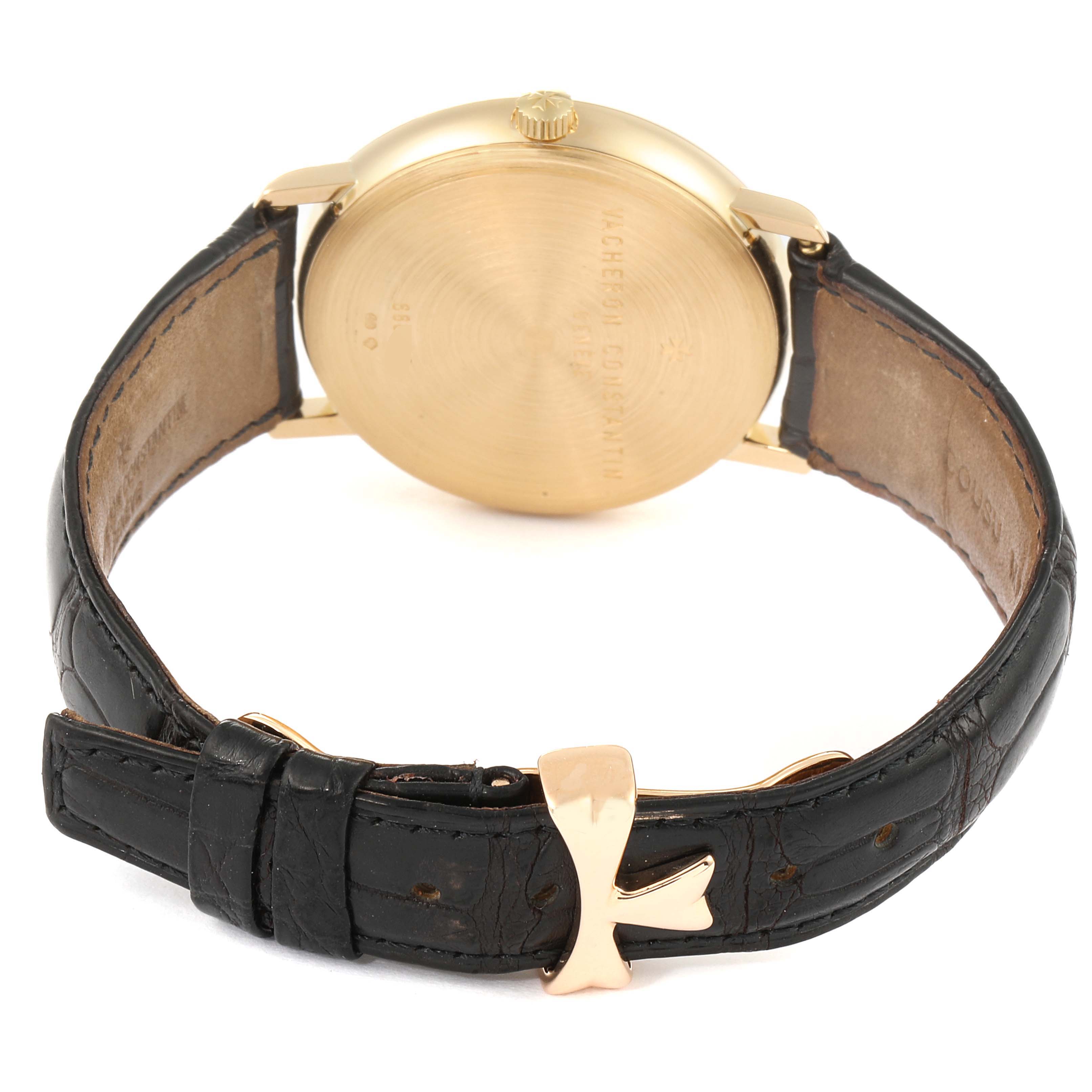 The image shows the back view of a Vacheron Constantin Patrimony 44001/3 Men's Yellow Gold White Dial 44001/3 Men's Yellow Gold White Dial watch, highlighting its caseback and black leather strap.