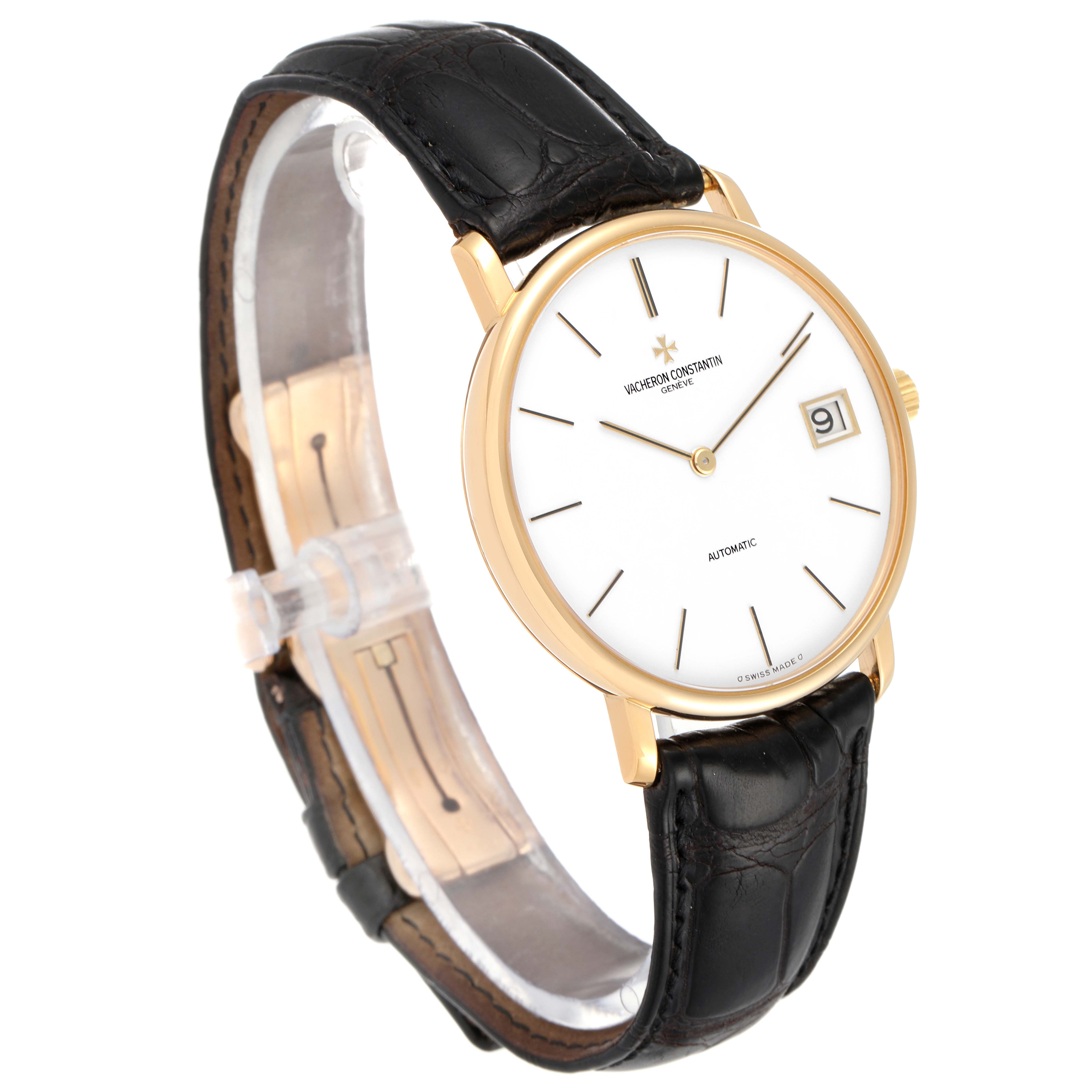 This image shows a Vacheron Constantin Patrimony 44001/3 Men's Yellow Gold White Dial 44001/3 Men's Yellow Gold White Dial watch from a three-quarter angle, highlighting its gold case, white dial, and black leather strap.