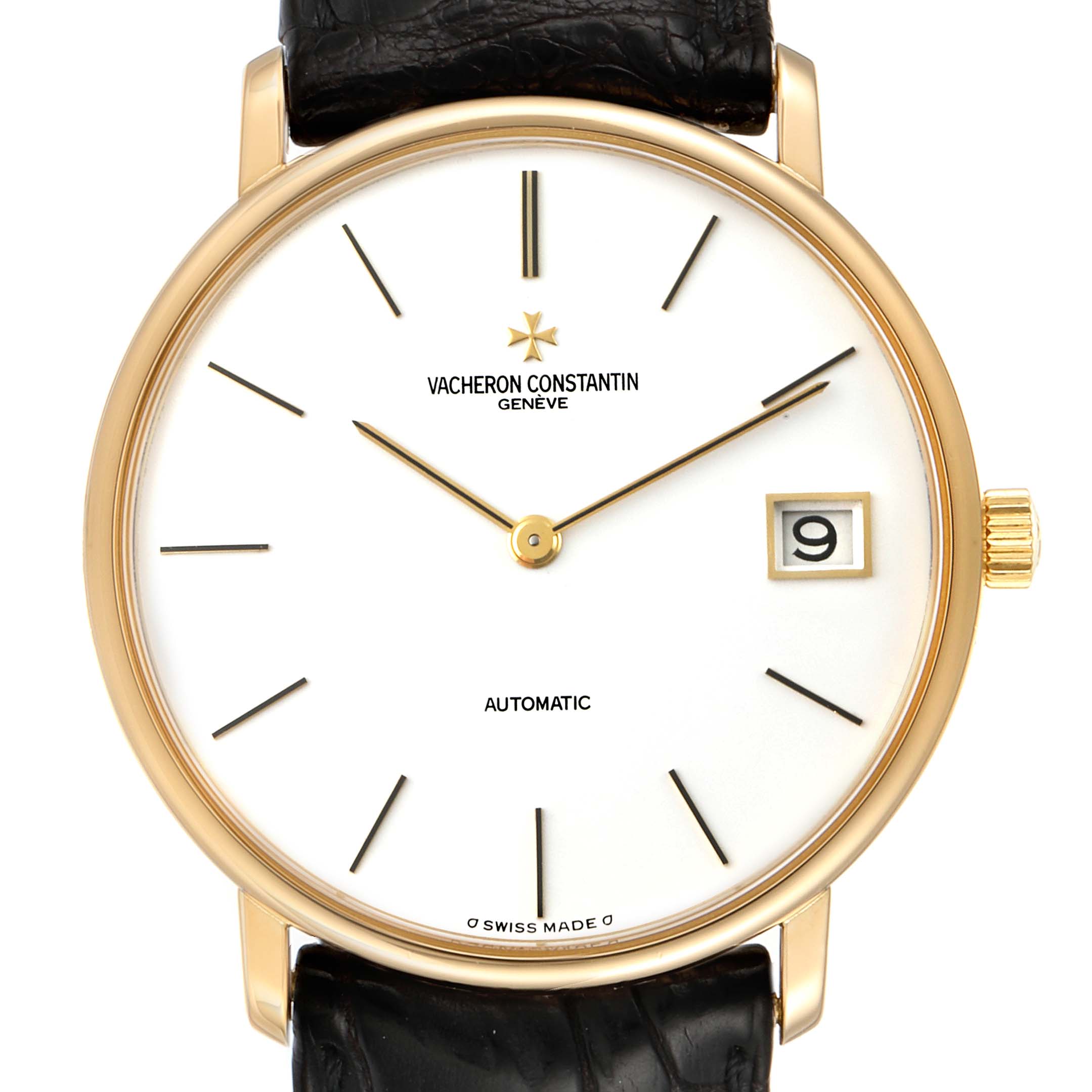 The image shows a front view of a Vacheron Constantin Patrimony 44001/3 Men's Yellow Gold White Dial 44001/3 Men's Yellow Gold White Dial watch, highlighting the watch face, gold case, and black leather strap.