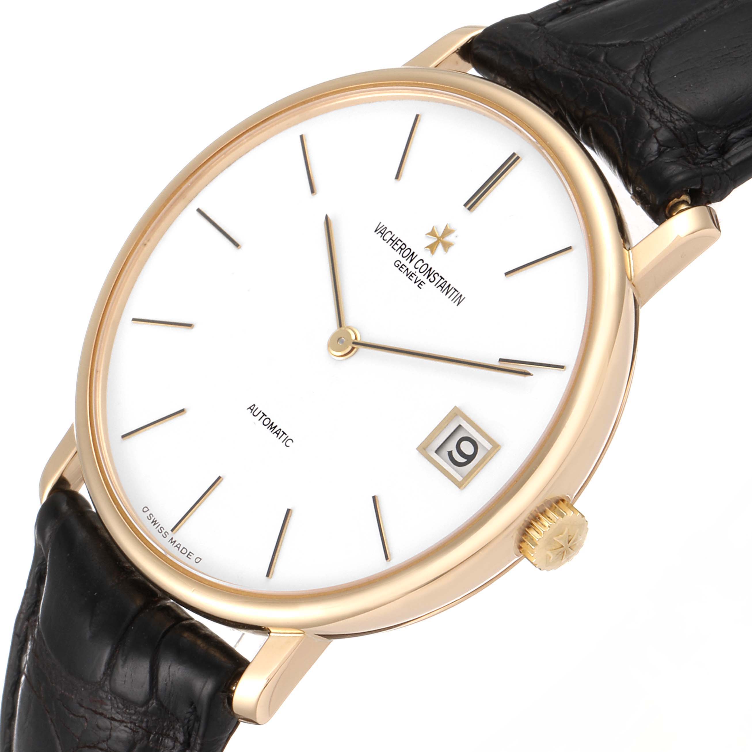 The image shows a Vacheron Constantin Patrimony 44001/3 Men's Yellow Gold White Dial 44001/3 Men's Yellow Gold White Dial watch at a slightly tilted angle, displaying the dial, crown, and part of the leather strap.