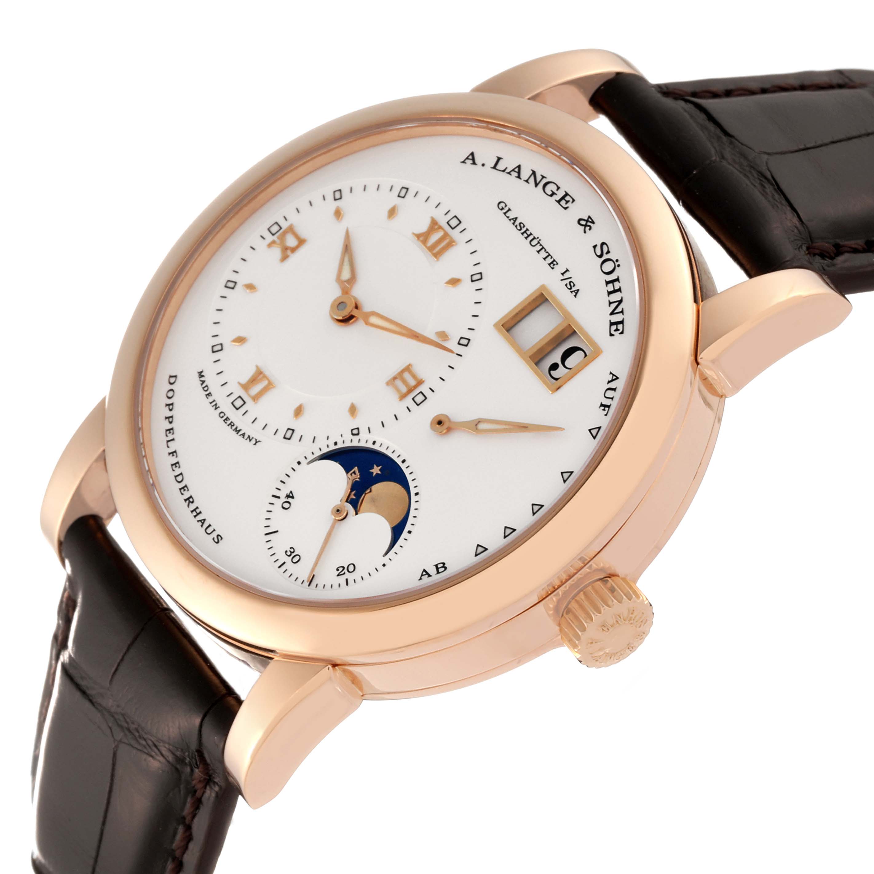 This image shows a close-up angle of the A. Lange & Sohne Lange 1 109.032 Men's Rose Gold Silver Dial watch, highlighting its dial, sub-dials, date window, and crown.