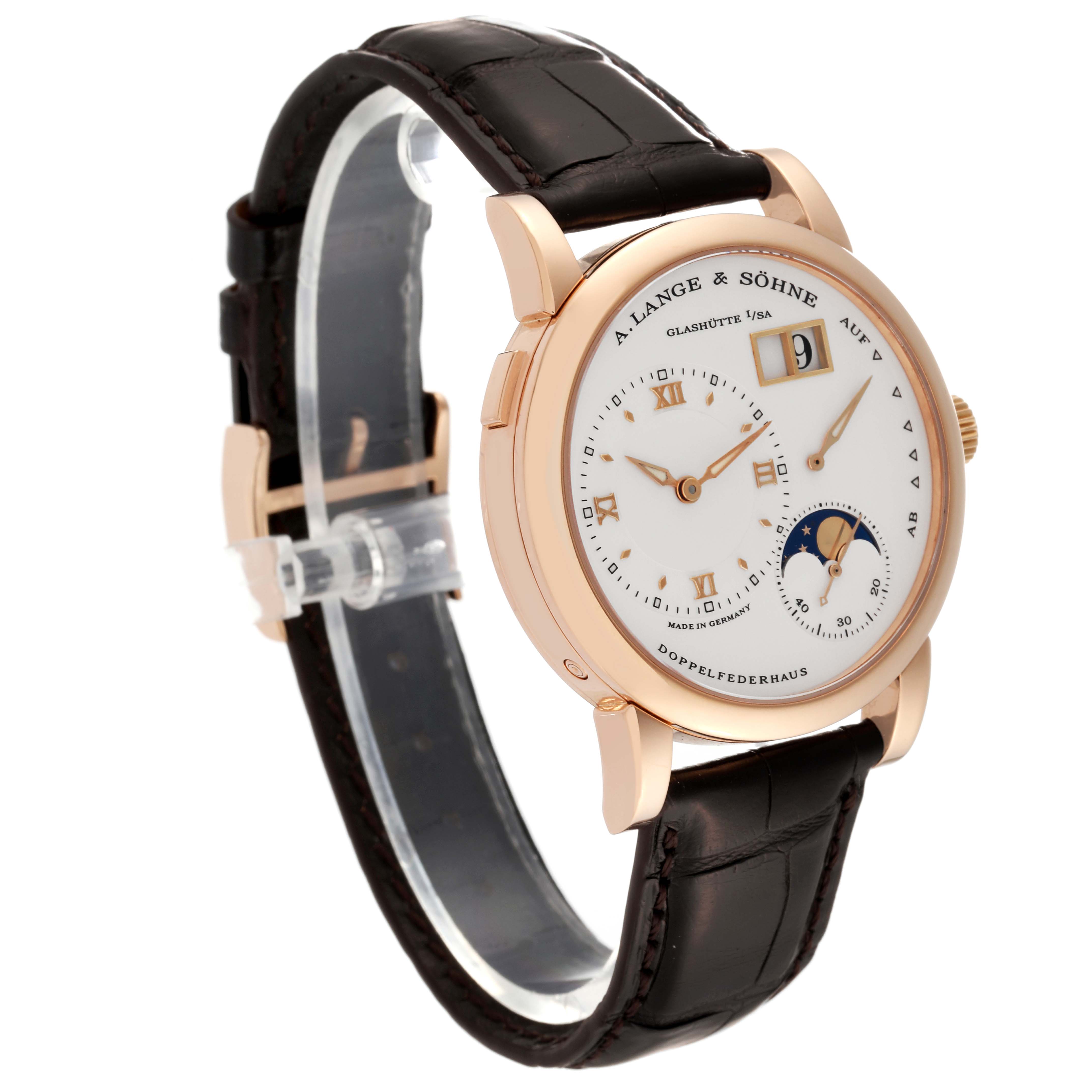 The image shows a side angle of the A. Lange & Sohne Lange 1 watch, highlighting the face, dial, and leather strap.