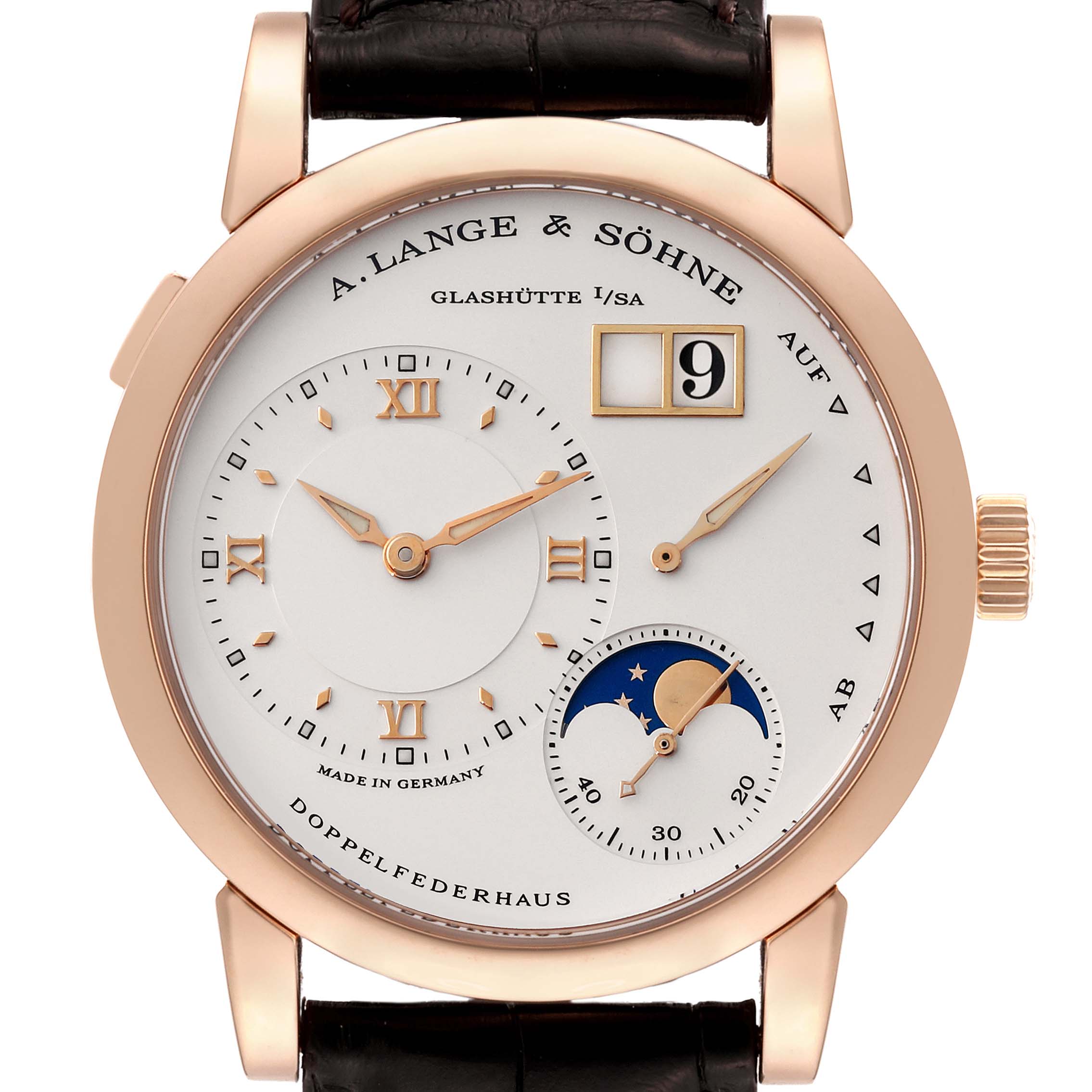 The image shows a frontal view of the A. Lange & Sohne Lange 1 109.032 Men's Rose Gold Silver Dial watch, displaying the time, date, power reserve, and moon phase indicators.