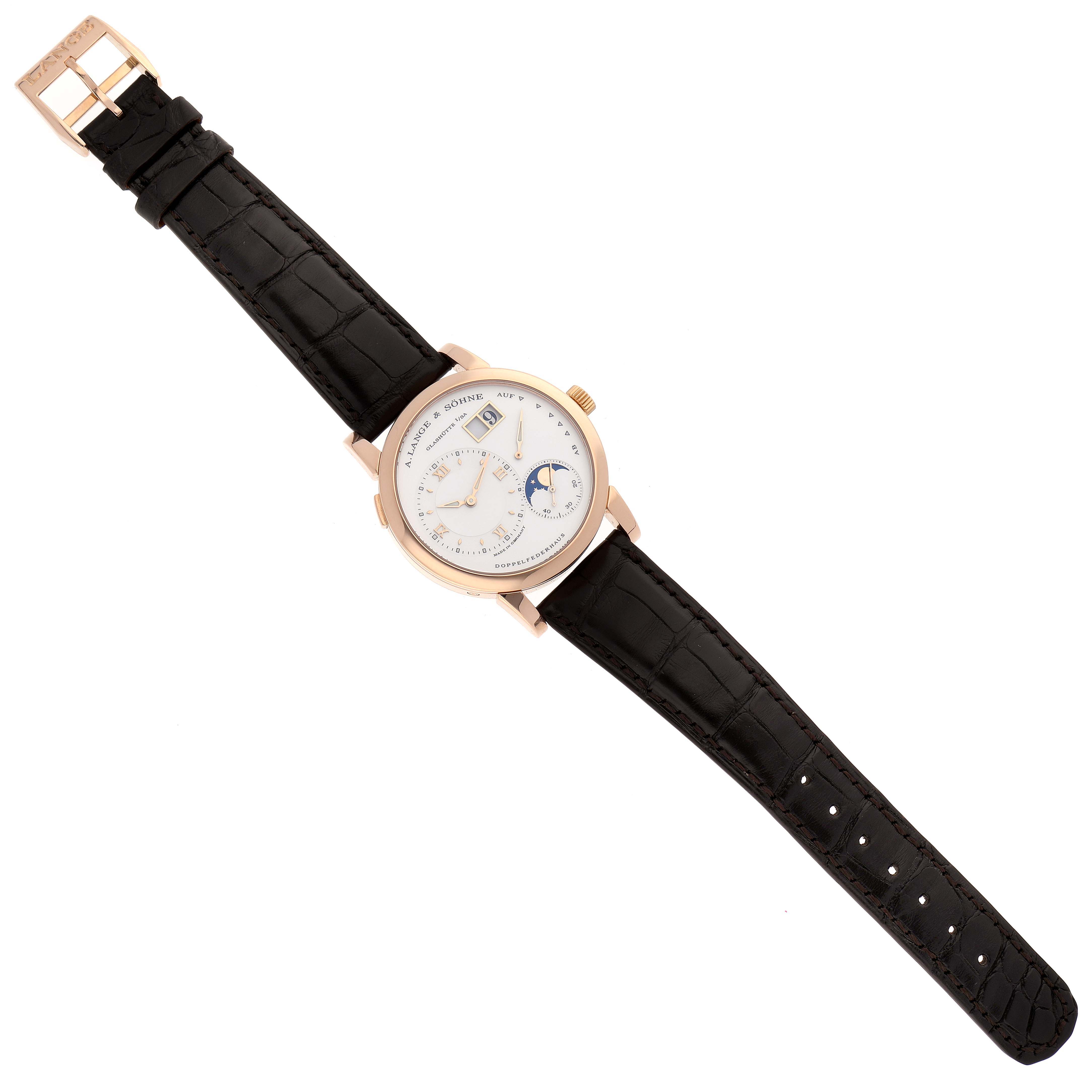 The image shows a full view of the Lange 1 watch by A. Lange & Söhne, taken from a top-down angle.
