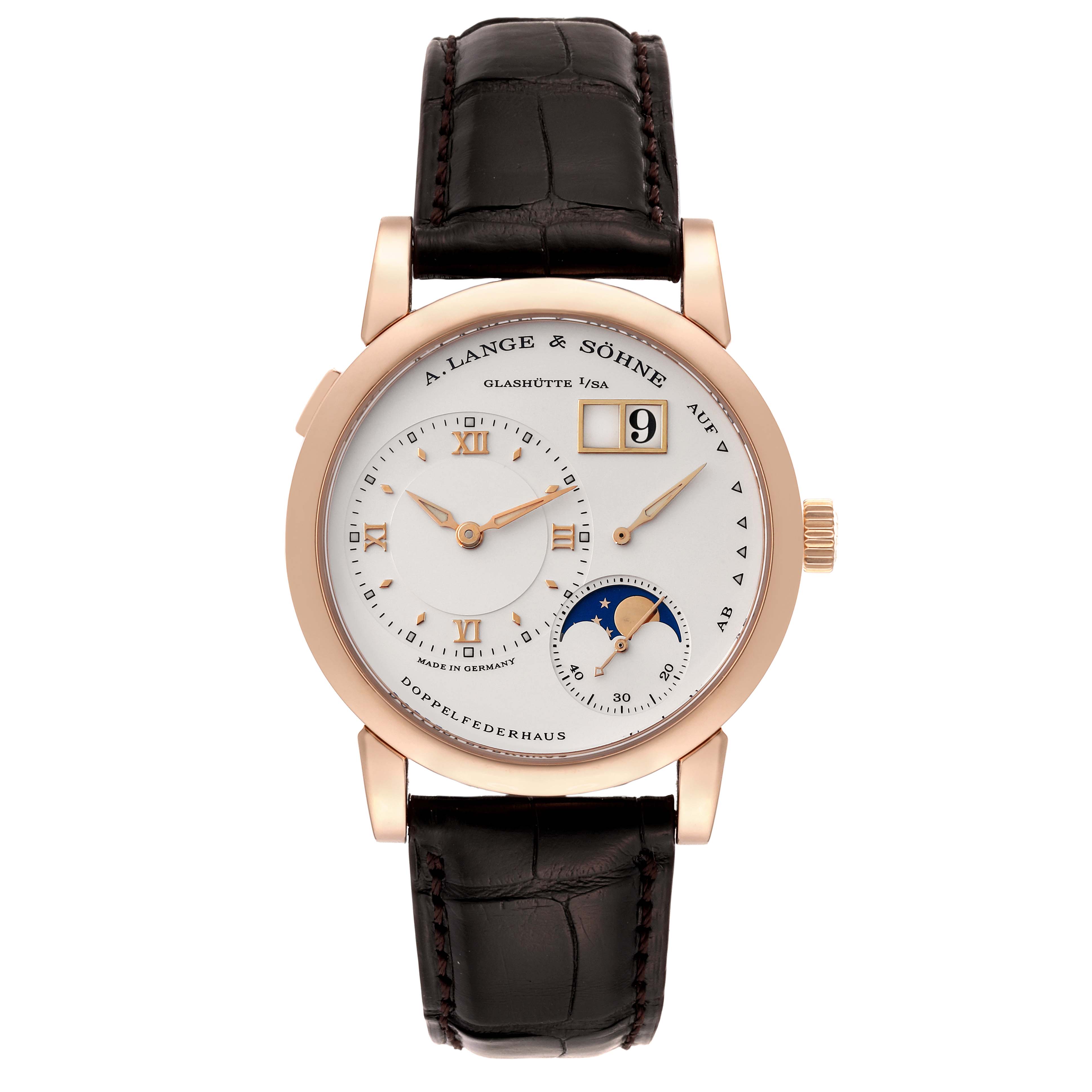 The image shows a front view of the A. Lange & Sohne Lange 1 watch, displaying its dial, hands, date window, and leather strap.