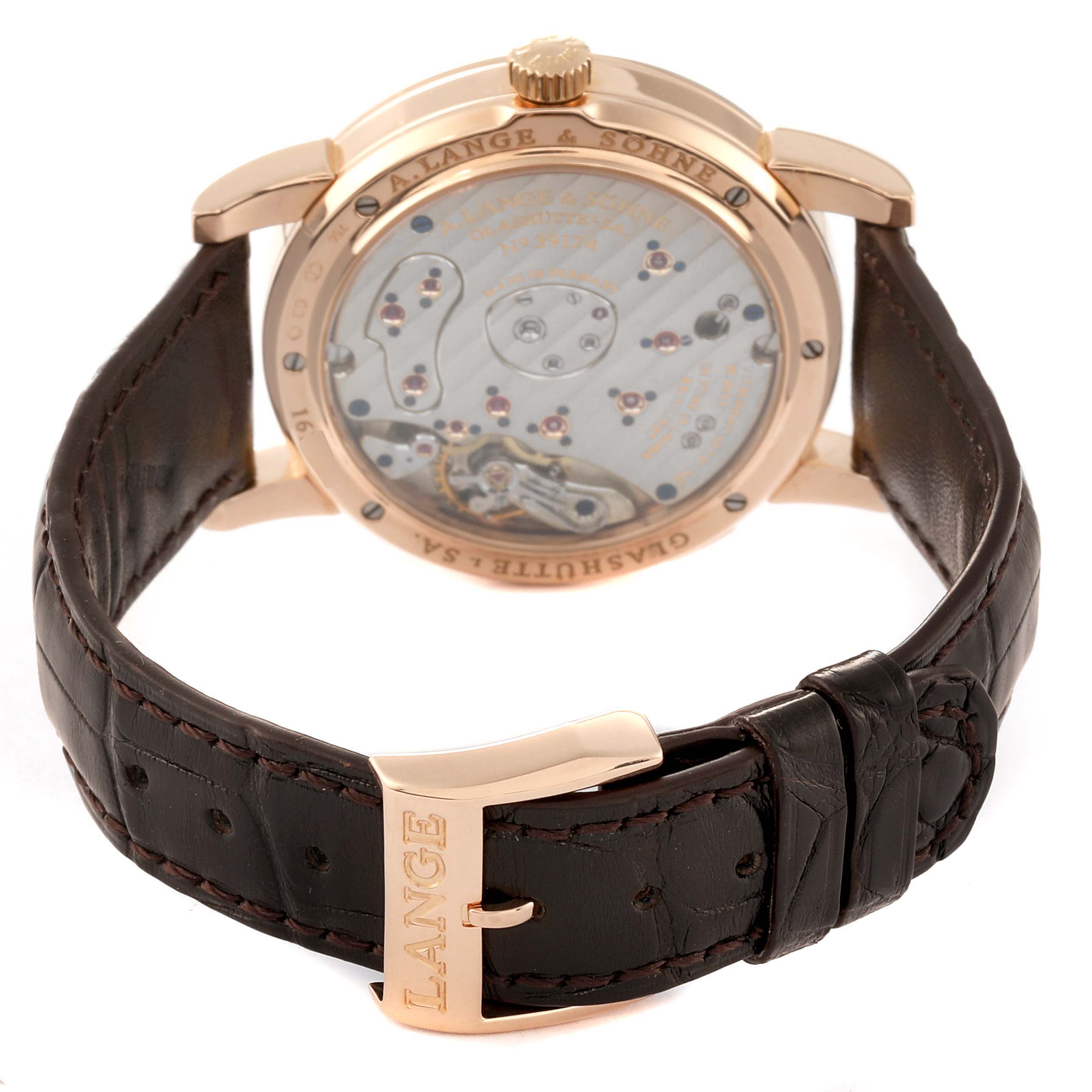 This image shows the back view of an A. Lange & Sohne Lange 1 watch, highlighting the movement and leather strap.