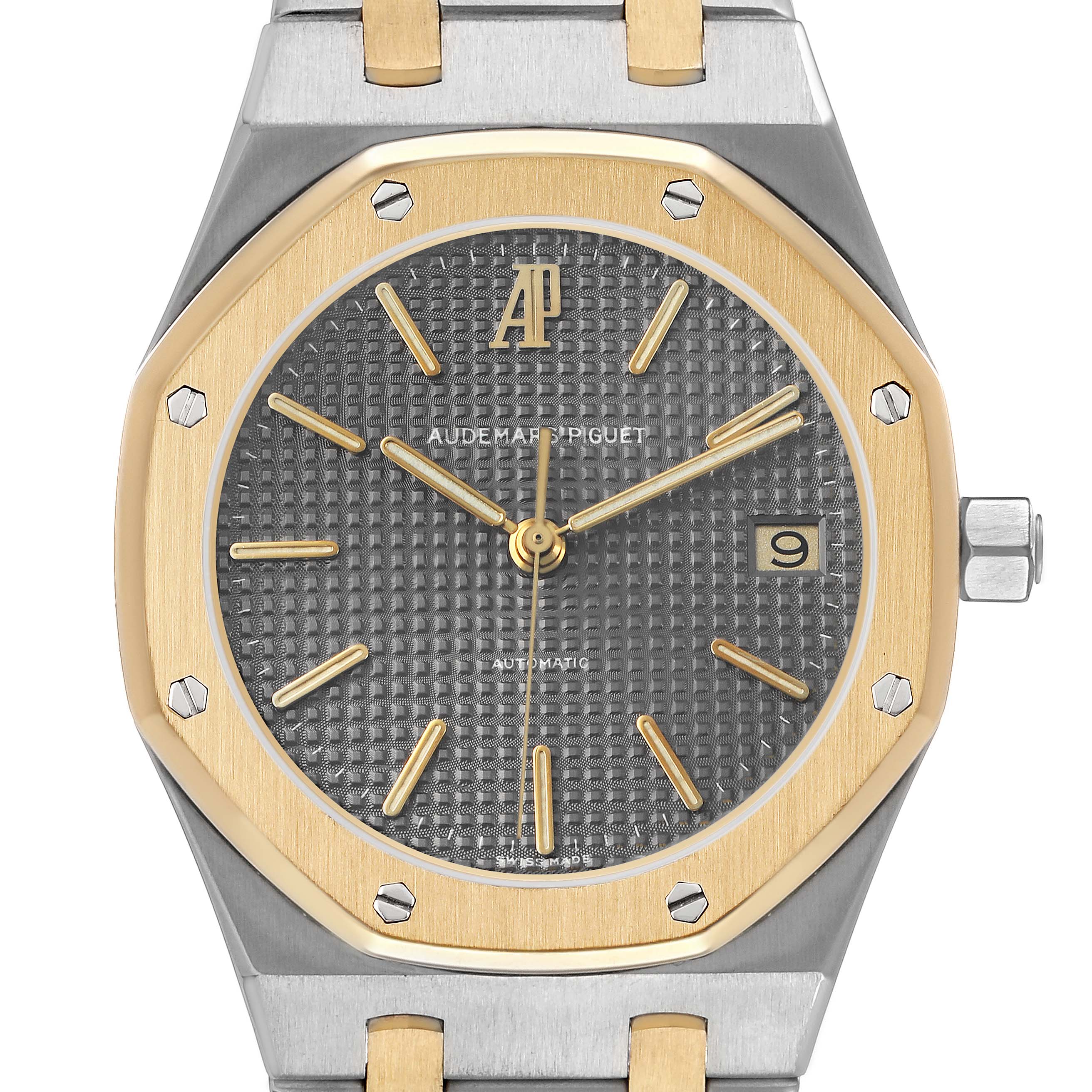 The Audemars Piguet Royal Oak 14790SA.OO.0789SA.01 Men's Steel and Gold (two tone) Grey Dial watch is shown from the front, highlighting the octagonal bezel, guilloché dial, and date window.