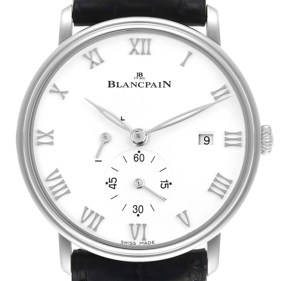 The Blancpain Villeret watch is shown from the front, displaying the dial, Roman numerals, and date.