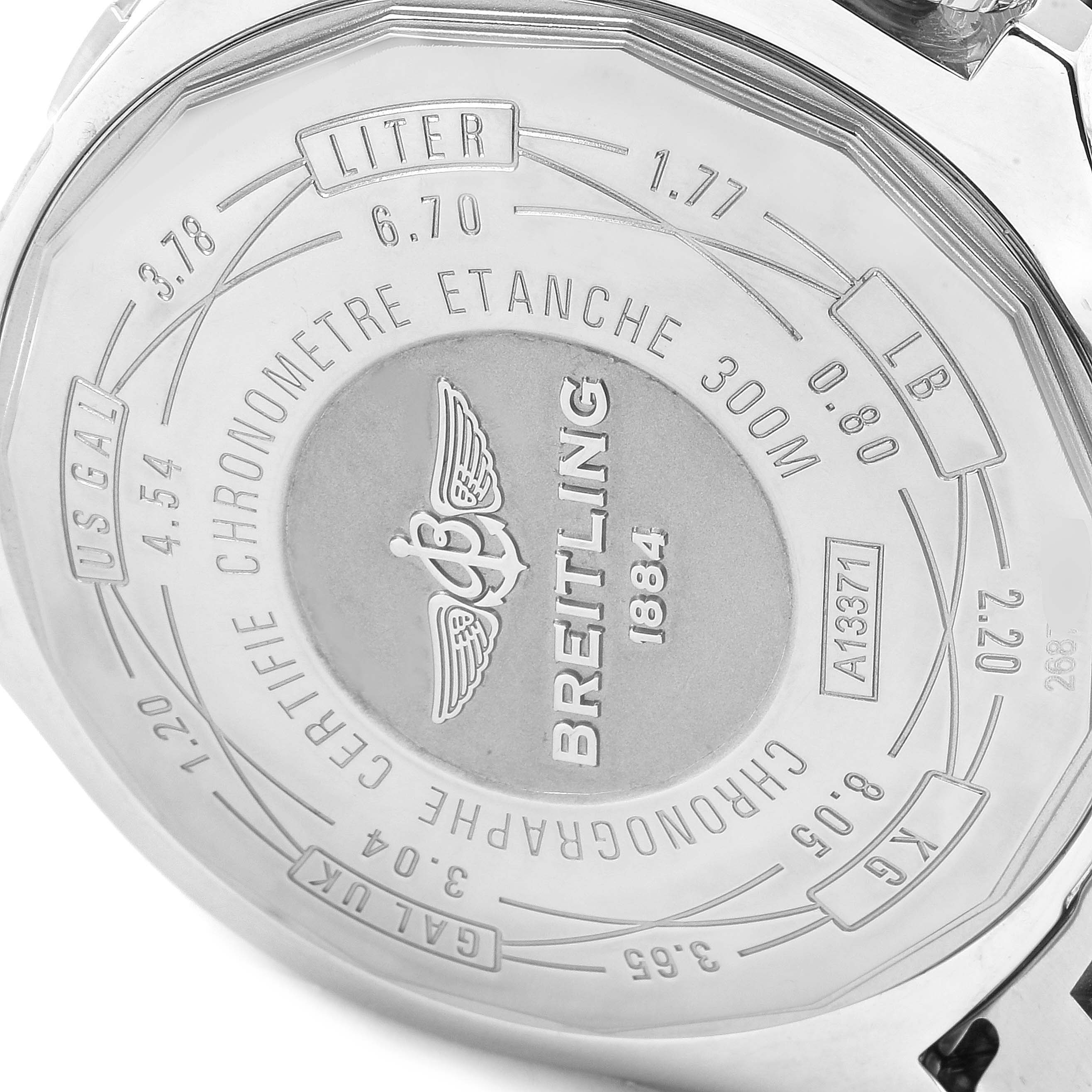 The image shows the back of a Breitling Avenger A13371 Men's Stainless Steel Blue Dial A13371 Men's Stainless Steel Blue Dial watch, detailing water resistance and other specifications.