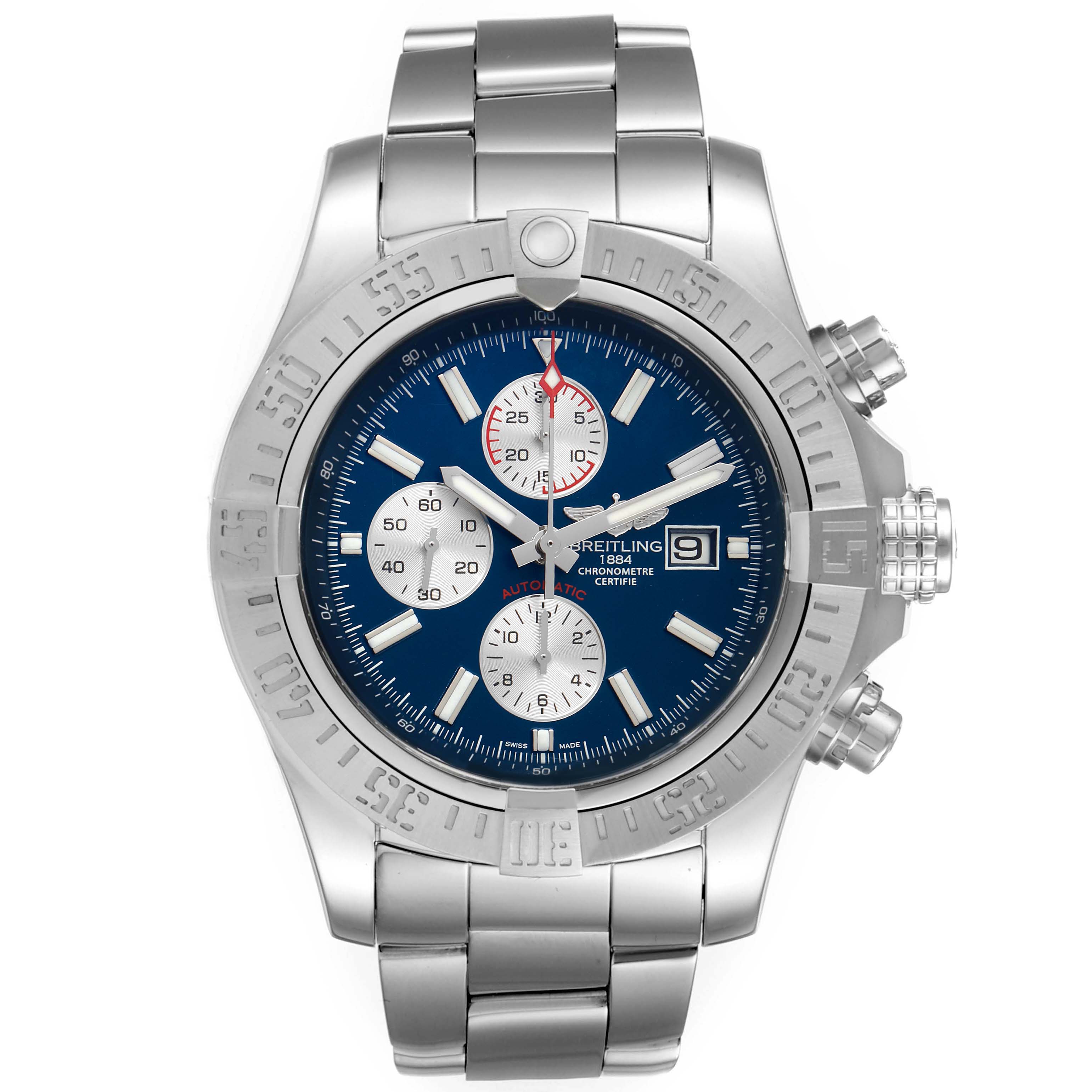 The image shows a front view of the Breitling Avenger A13371 Men's Stainless Steel Blue Dial A13371 Men's Stainless Steel Blue Dial watch, highlighting its dial, bezel, subdials, and stainless steel bracelet.