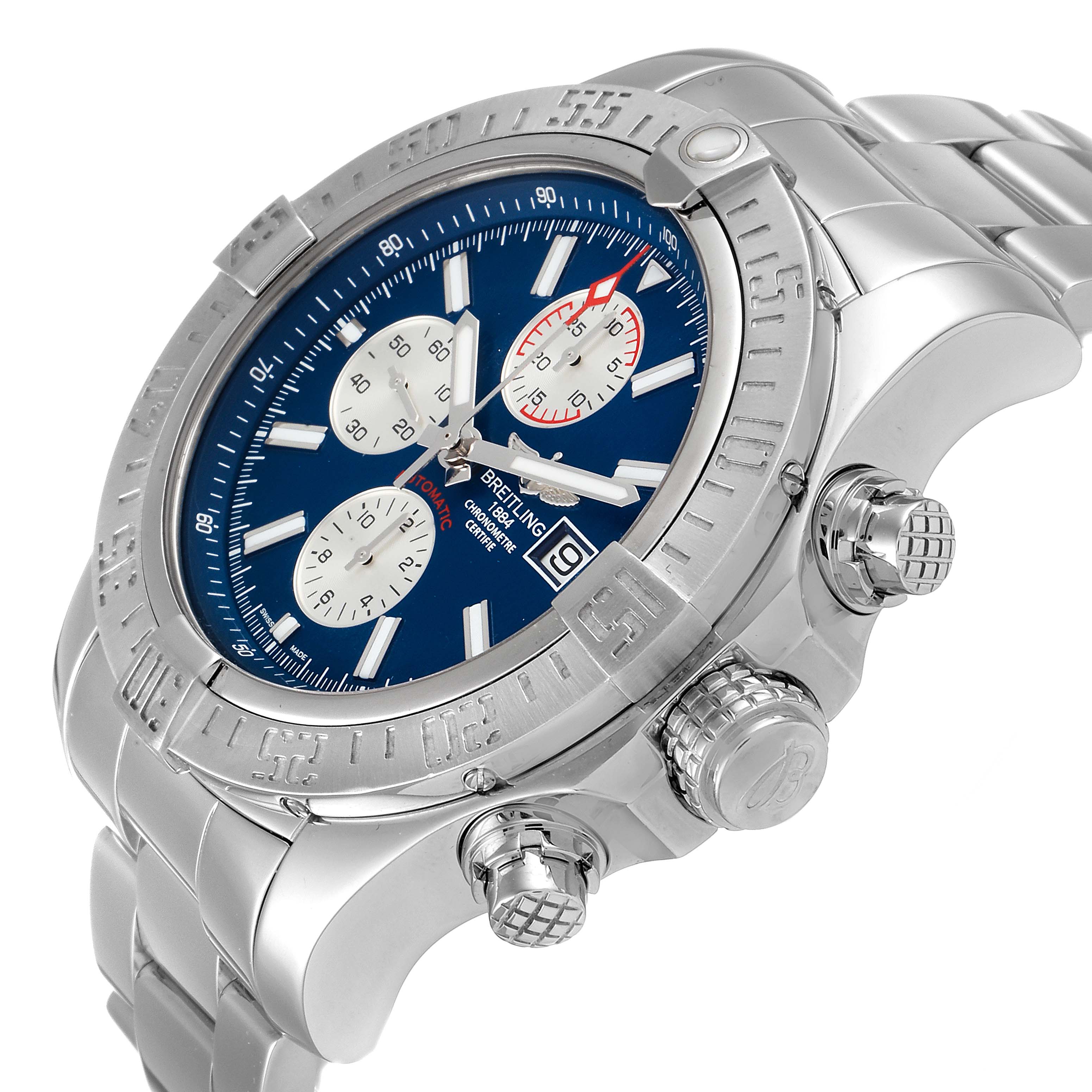 The image shows a Breitling Avenger A13371 Men's Stainless Steel Blue Dial A13371 Men's Stainless Steel Blue Dial watch at an angle highlighting its dial, bezel, crown, and pushers.