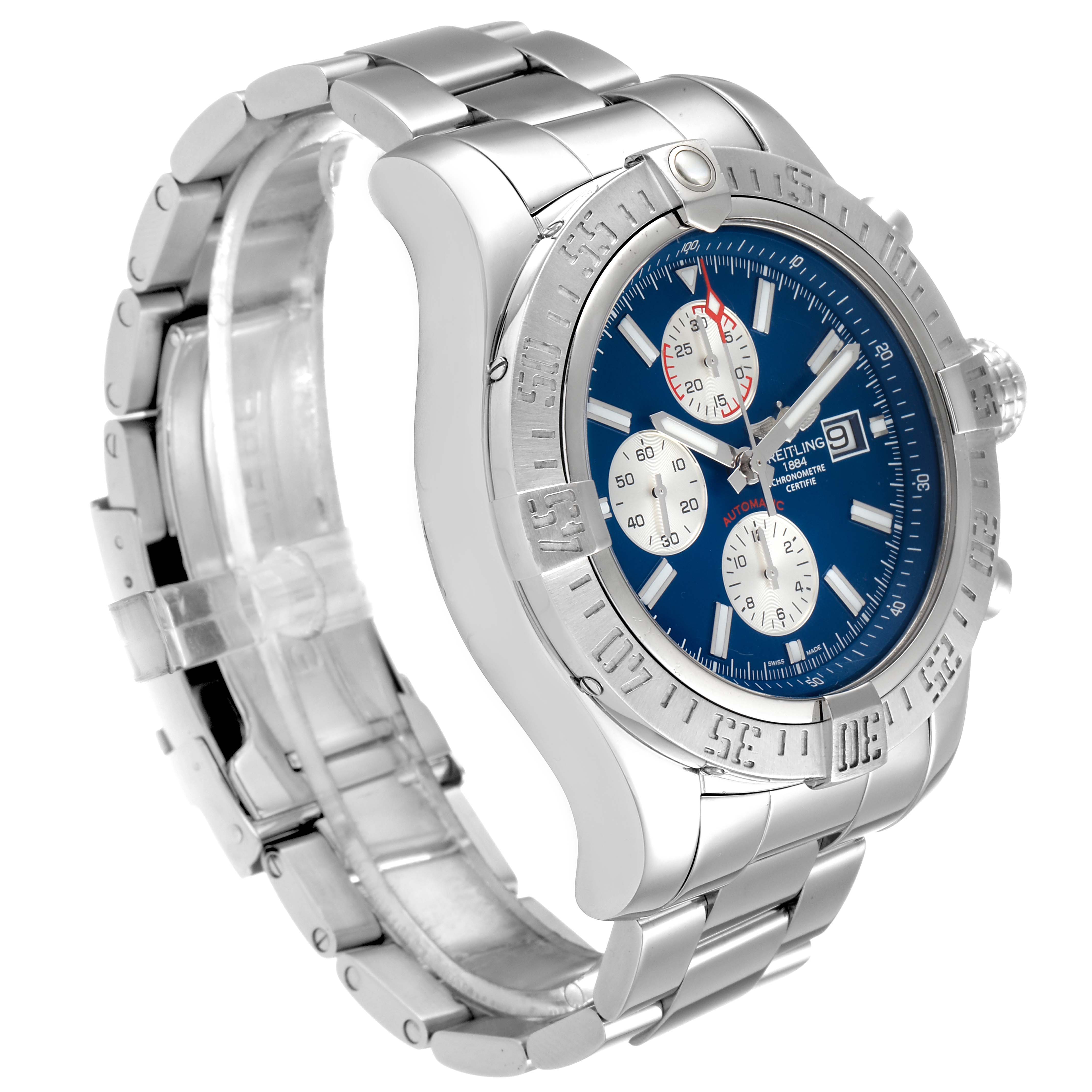 The Breitling Avenger A13371 Men's Stainless Steel Blue Dial A13371 Men's Stainless Steel Blue Dial is shown at an angle revealing the watch face, bezel, bracelet, and clasp.